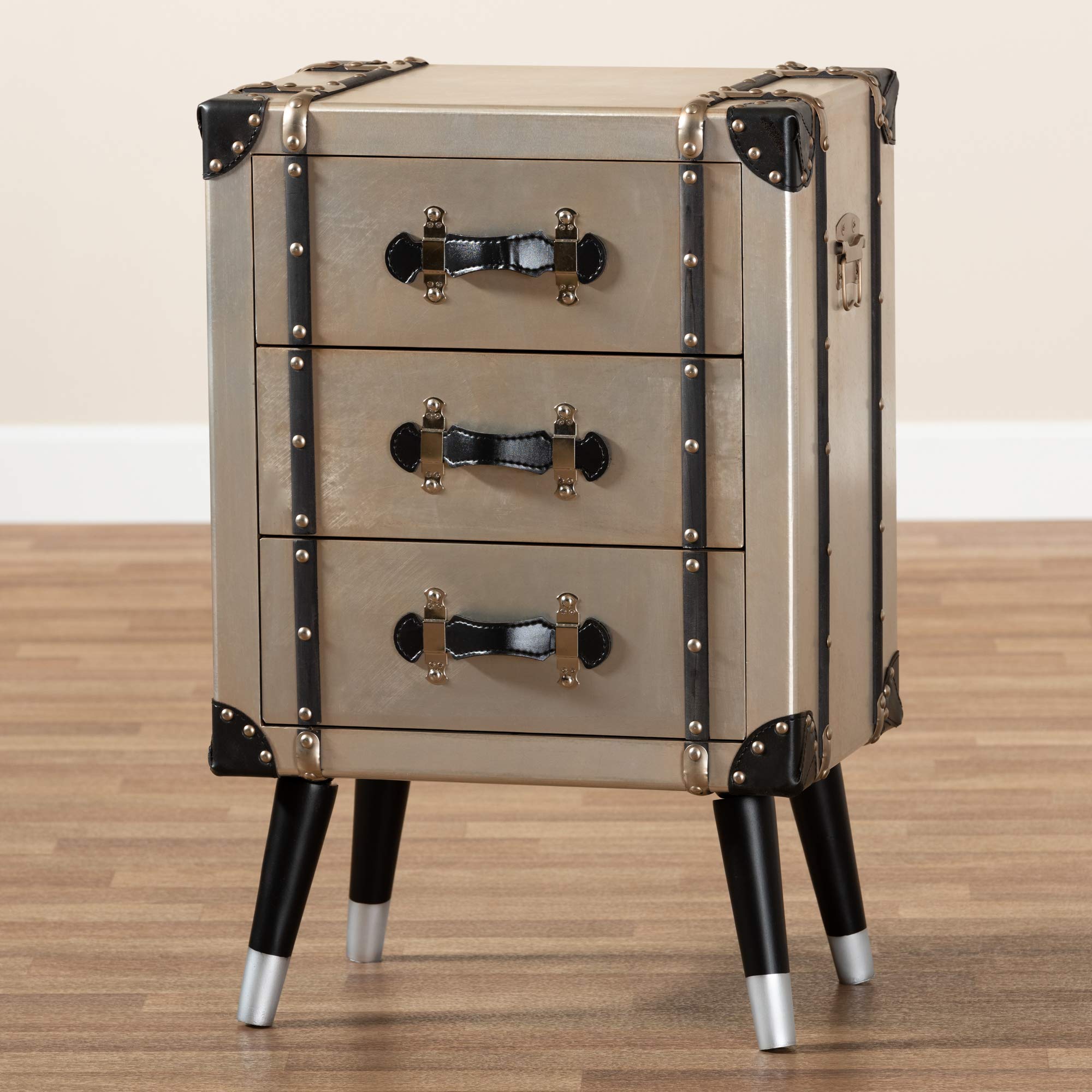 Baxton Studio Modern Nightstand - Silver & Black Bedside Table with Drawer for Bedroom Furniture | Perfect for Small Spaces, Apartments & Guest Rooms