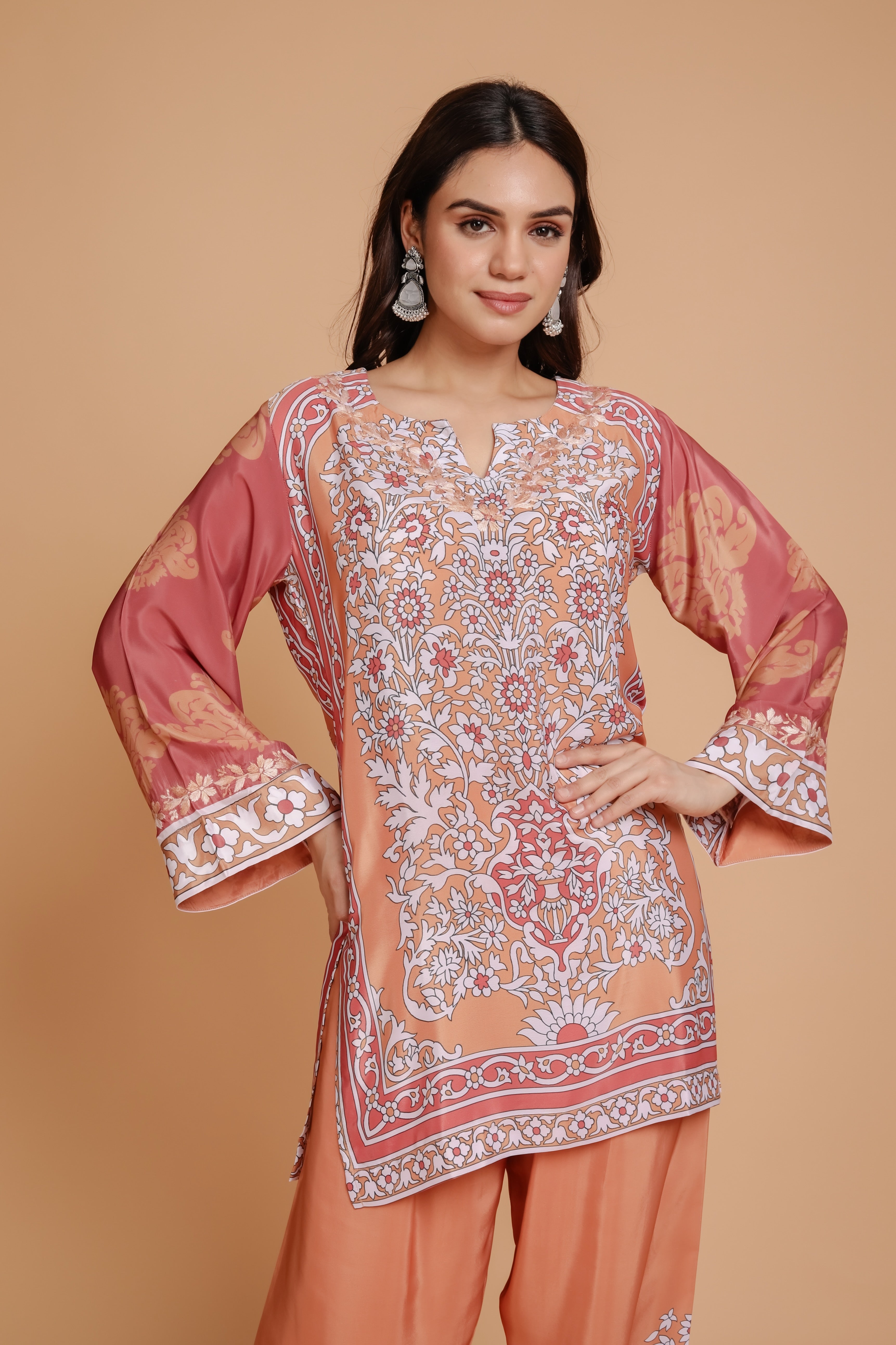 Elegant Saba Chikankari Printed Poly Silk Suit Set for Women - Orange | Perfect for Festivals, Weddings & Special Occasions