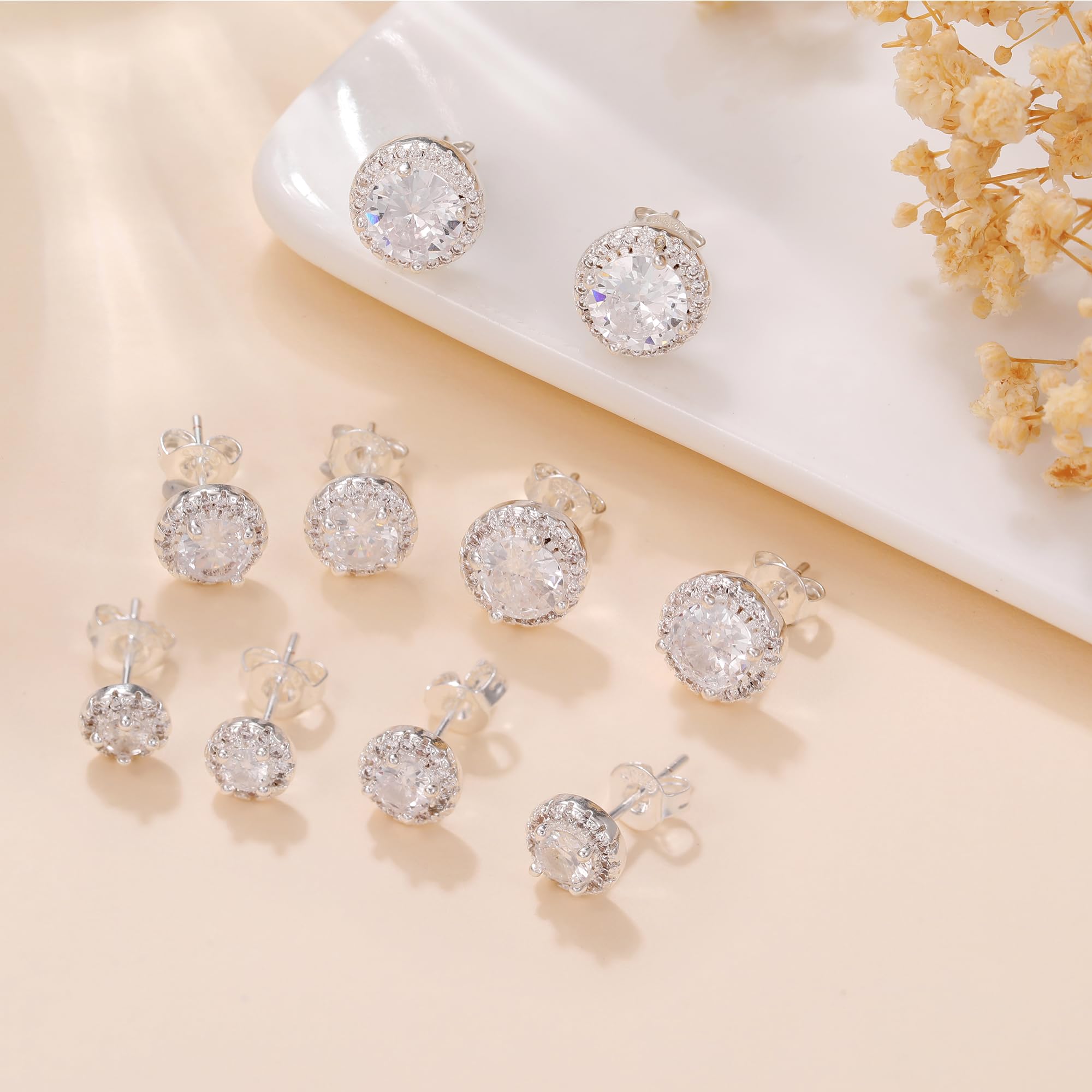10 Pairs Sterling Silver Stud Earrings for Women - Hypoallergenic 925 Silver with 5A+ Cubic Zirconia - Dainty Cartilage Ear Studs Set | Perfect for Everyday Wear, Gifts & Special Occasions