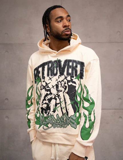 Retrovert Lightweight Flame Pullover Hoodie - Sail/Green - Perfect for Outdoor Adventures, Streetwear & Casual Fashion