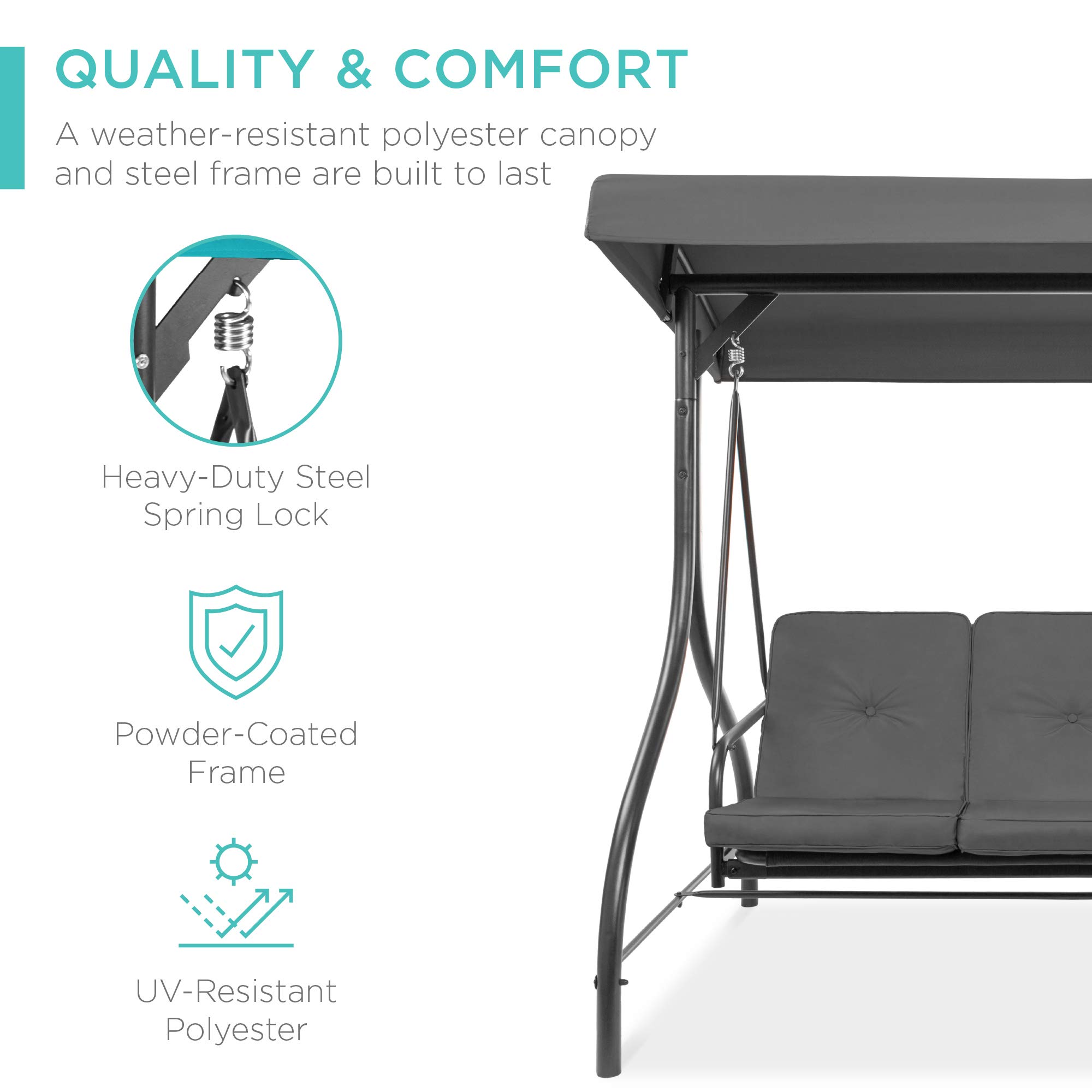 Best Choice Products 3-Seat Outdoor Canopy Swing Glider with Adjustable Shade & Removable Cushions - Gray Patio Hammock Lounge Chair for Porch, Backyard, Garden - Perfect for Relaxing, Sunbathing & Outdoor Gatherings