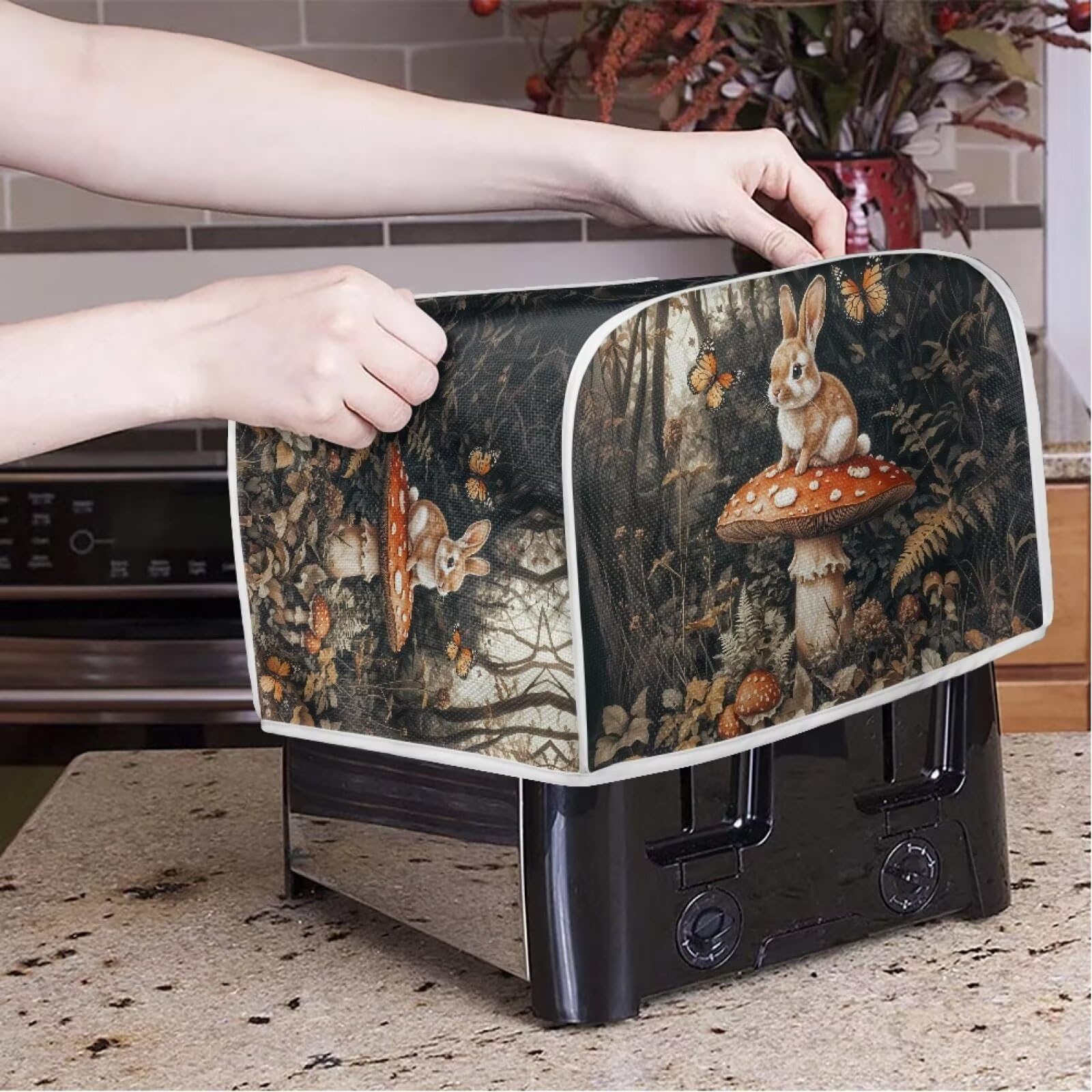 Mumeson Rabbit Mushroom Toaster Cover - 4 Slice Toaster Oven Protector, Lightweight Kitchen Appliance Cover for Bread Makers & Small Appliances - Cute Home Decor for Kitchen Countertop & Breakfast Nook