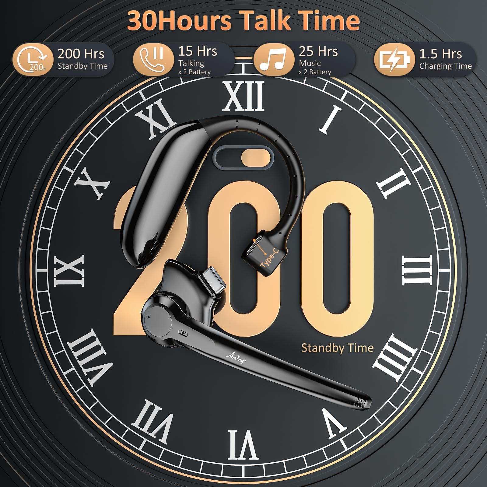 Wireless Bluetooth Headset with Dual Microphone Noise Cancelling, 30 Hours Talk Time V5.3 - Hands-Free Bluetooth Earpiece for Truckers, Drivers, Office Work & Online Meetings | Perfect for Long Calls, Commuting & Remote Work