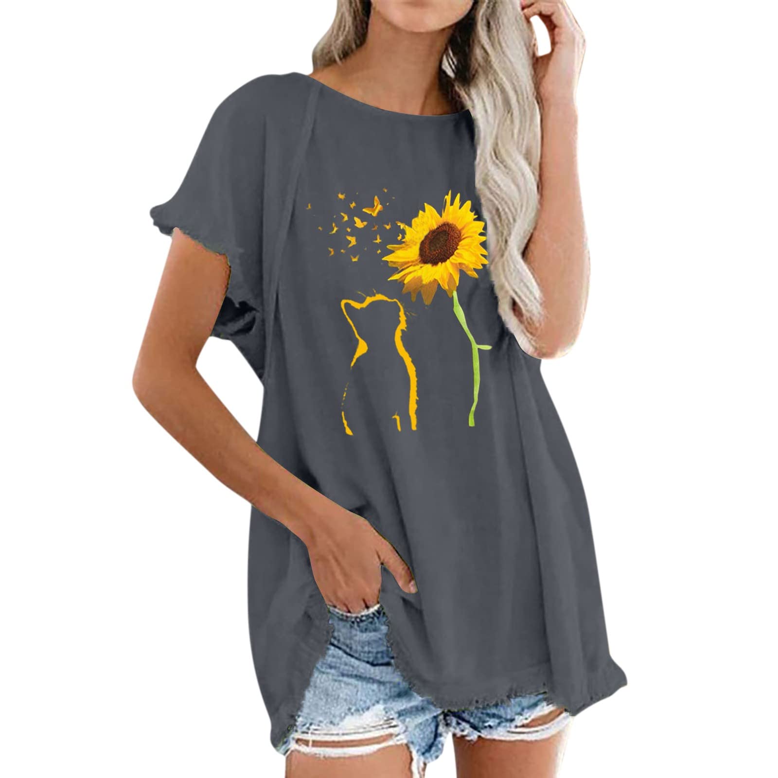 Women's Casual Tassel Round Neck Short Sleeve T-Shirt - Trendy Printed Cotton Linen Top for Everyday Wear (Grey, Large) | Perfect for Summer Outfits, Beach Trips & Casual Office Looks