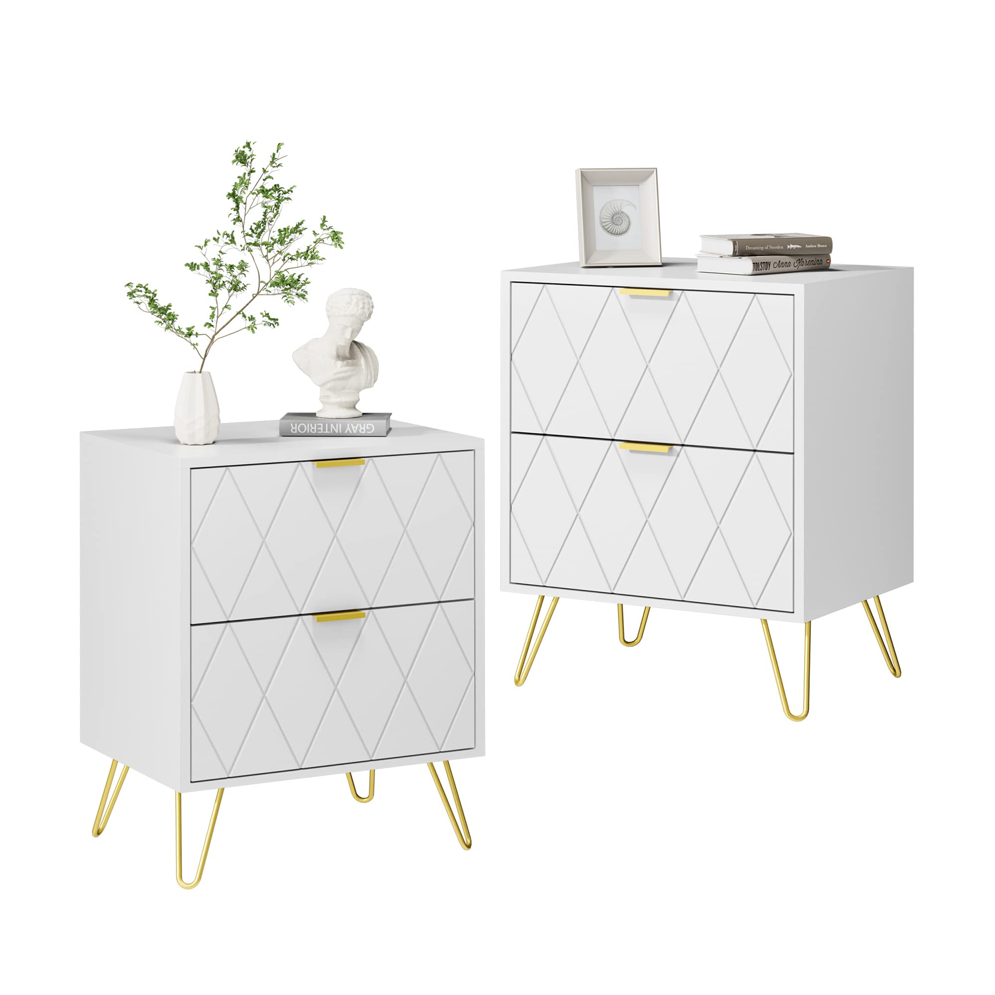Anbuy White Nightstand Set of 2 - Modern End Side Tables with 2 Drawers & Gold Metal Legs for Bedroom, Living Room | Perfect for Small Spaces, Guest Rooms & Apartment Decor