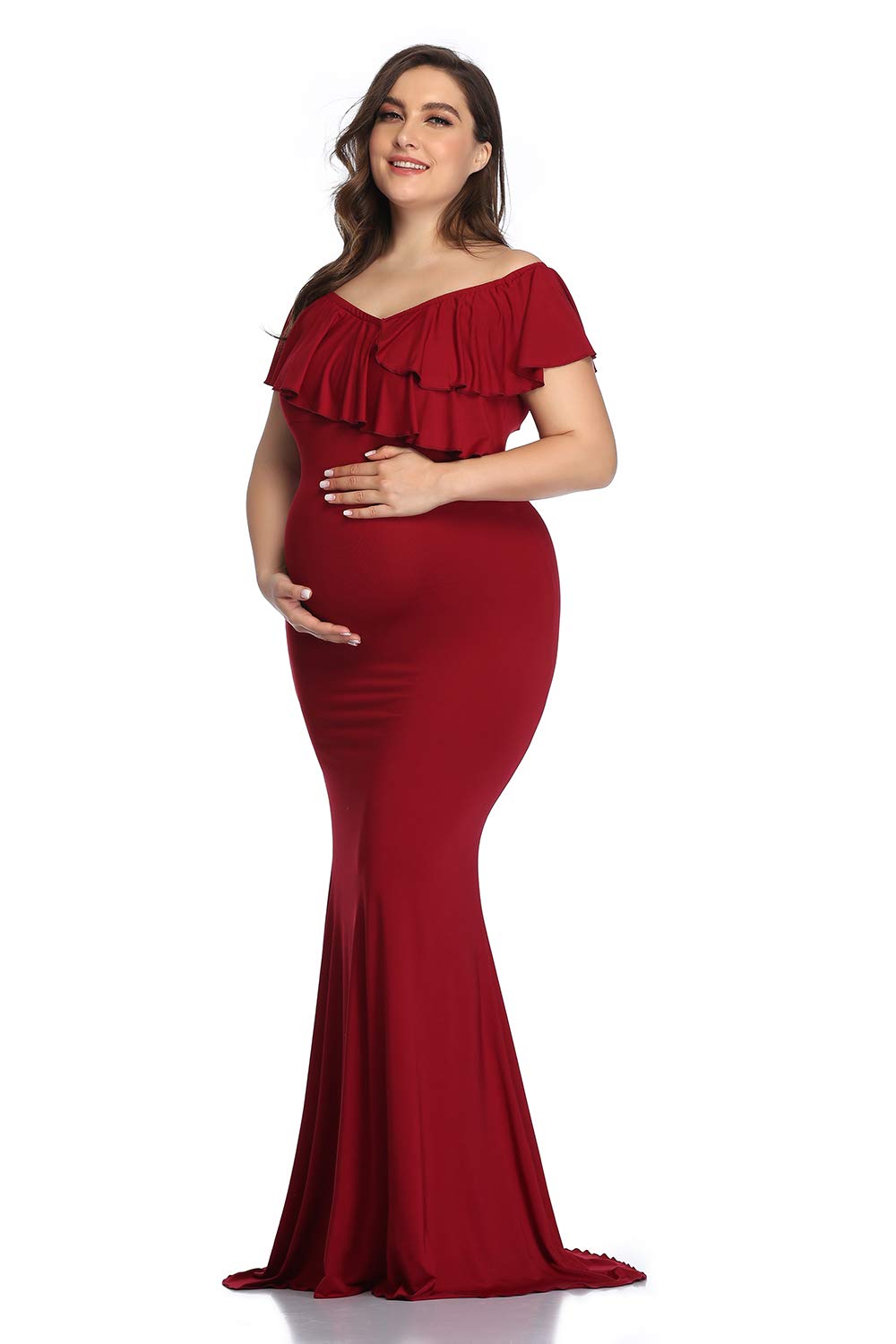 Stylish Long Maternity Dress for Photoshoot - Stretchy Pregnancy Maxi Dress with Ruffle Details - Perfect for Baby Showers, Maternity Photos & Special Occasions