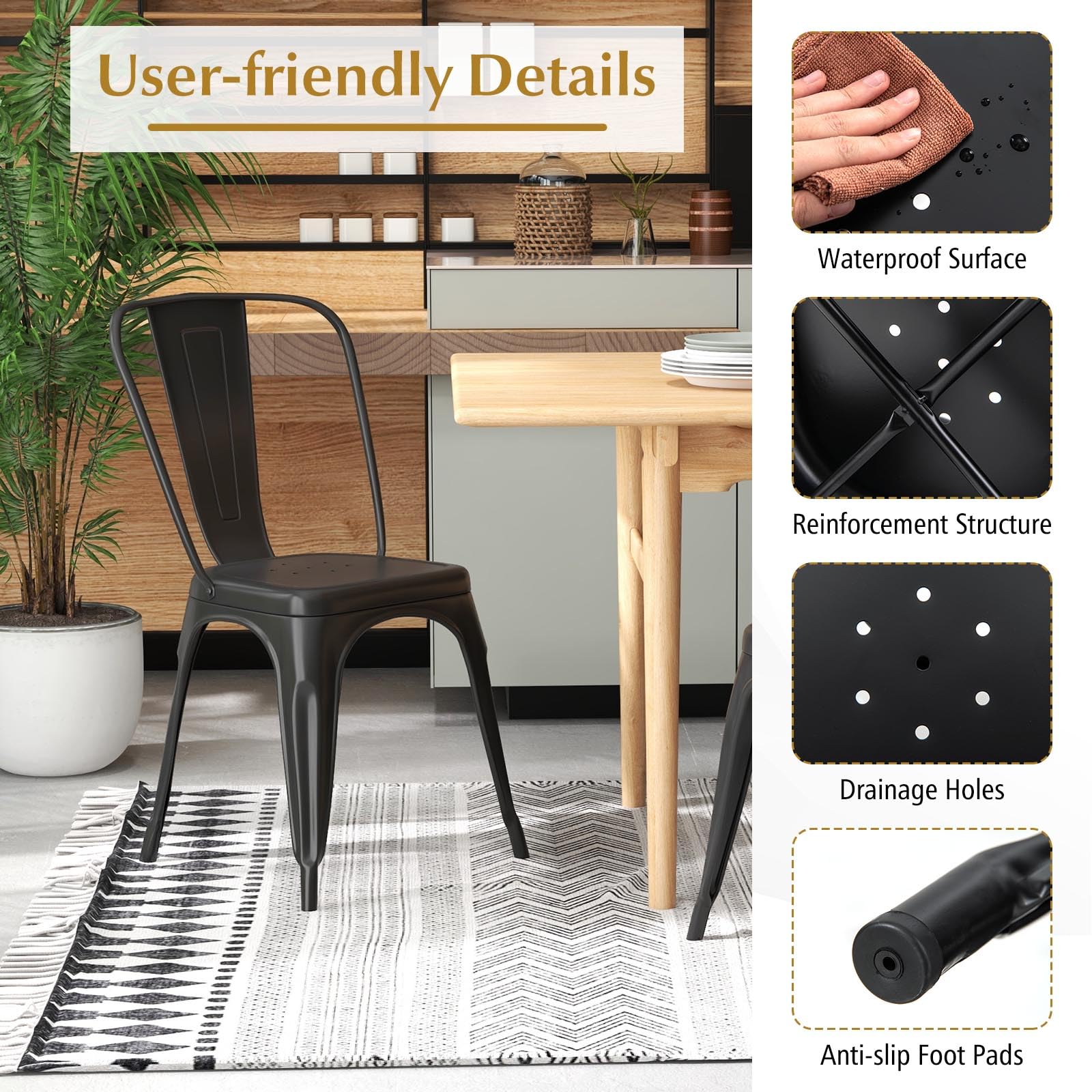RELAX4LIFE 4-Pack Stackable Metal Dining Chairs with Detachable Backrest & Rubber Feet - Indoor Outdoor Kitchen, Cafe, Restaurant & Patio Use - Black Armless Bar Stools Set for Home & Commercial Spaces
