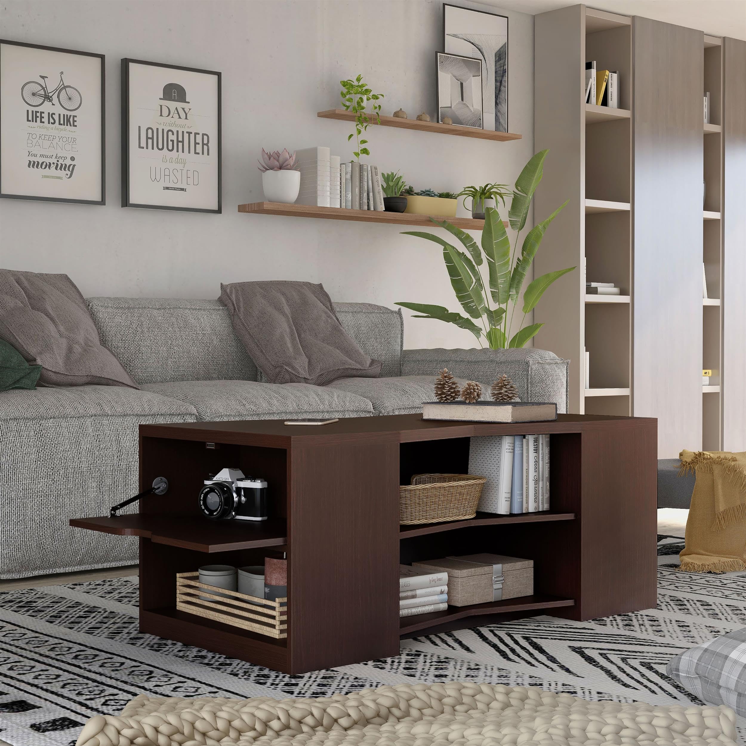 Sima Modern Walnut Wood Storage Coffee Table by Furniture of America - Perfect for Living Room, Office & Small Spaces