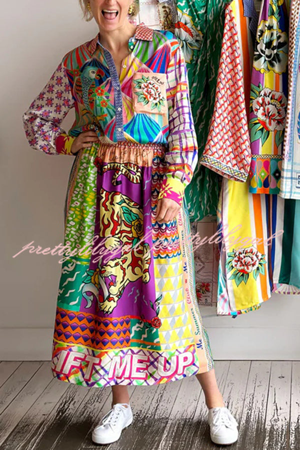 You Make Me Wonder Satin Colorful Unique Print Button Down Oversized Blouse - Stylish Women's Fashion Top for Casual Wear, Office & Date Nights
