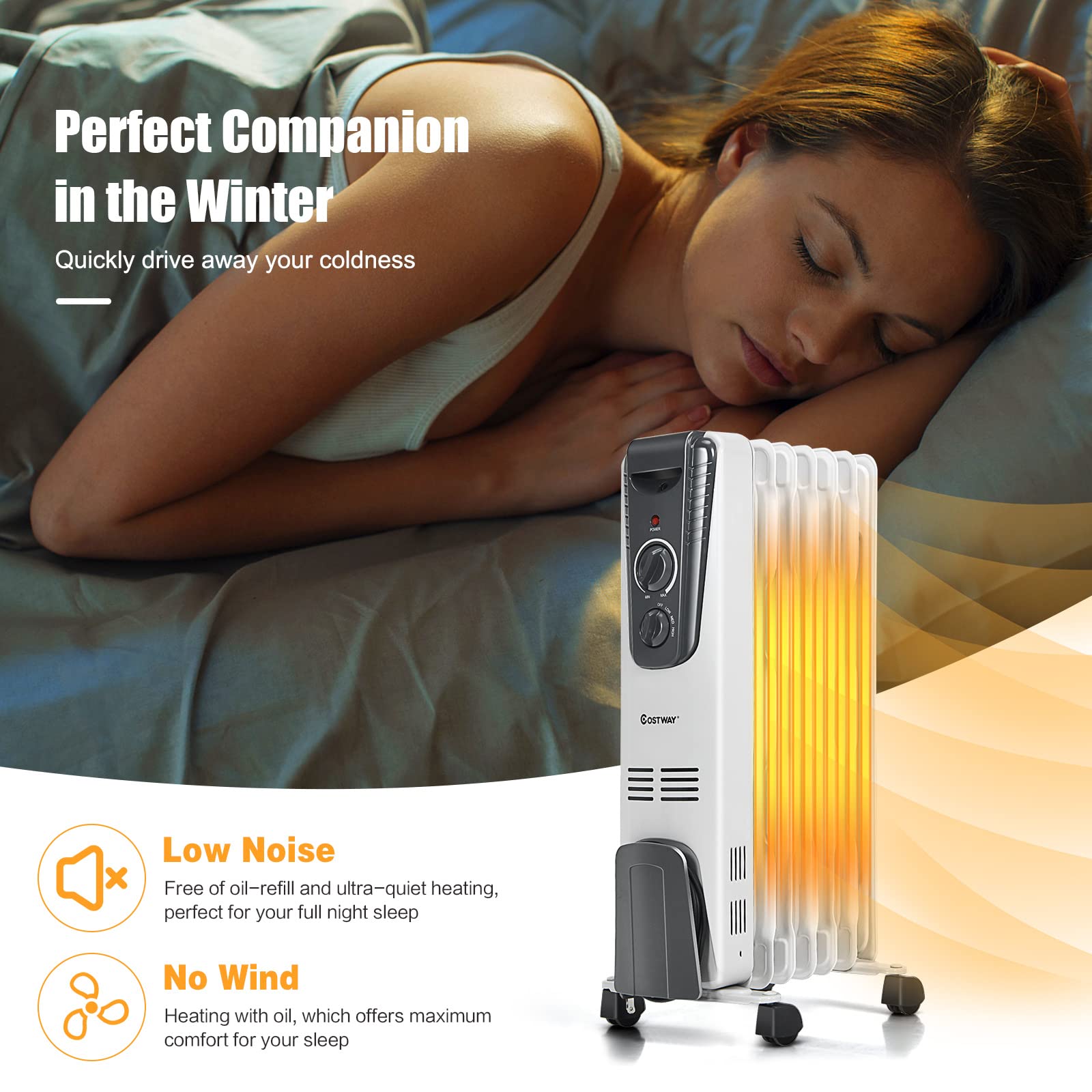 COSTWAY 1500W Oil Filled Radiator Heater - Portable Electric Space Heater with Adjustable Thermostat, 3 Heat Settings, Overheat & Tip-Over Protection - Perfect for Indoor Use in Bedrooms, Offices & Living Rooms | Stay Warm & Cozy During Winter