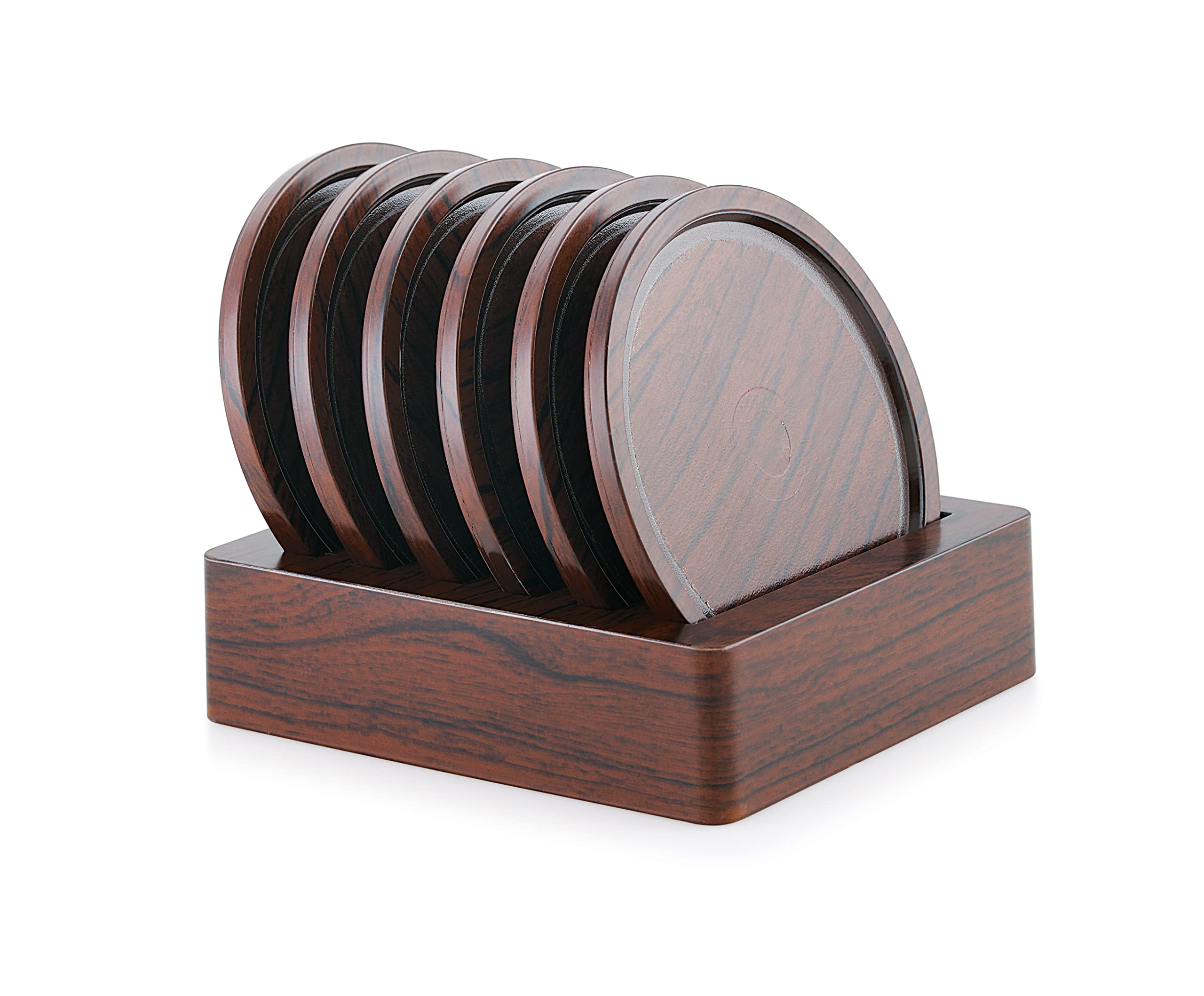 Stylish Nabhya 6-Piece Plastic & Steel Coaster Set with Holder for Coffee Mugs, Beer Cans, Tumblers & Water Glasses - Brown - Perfect for Home, Office & Bar Use