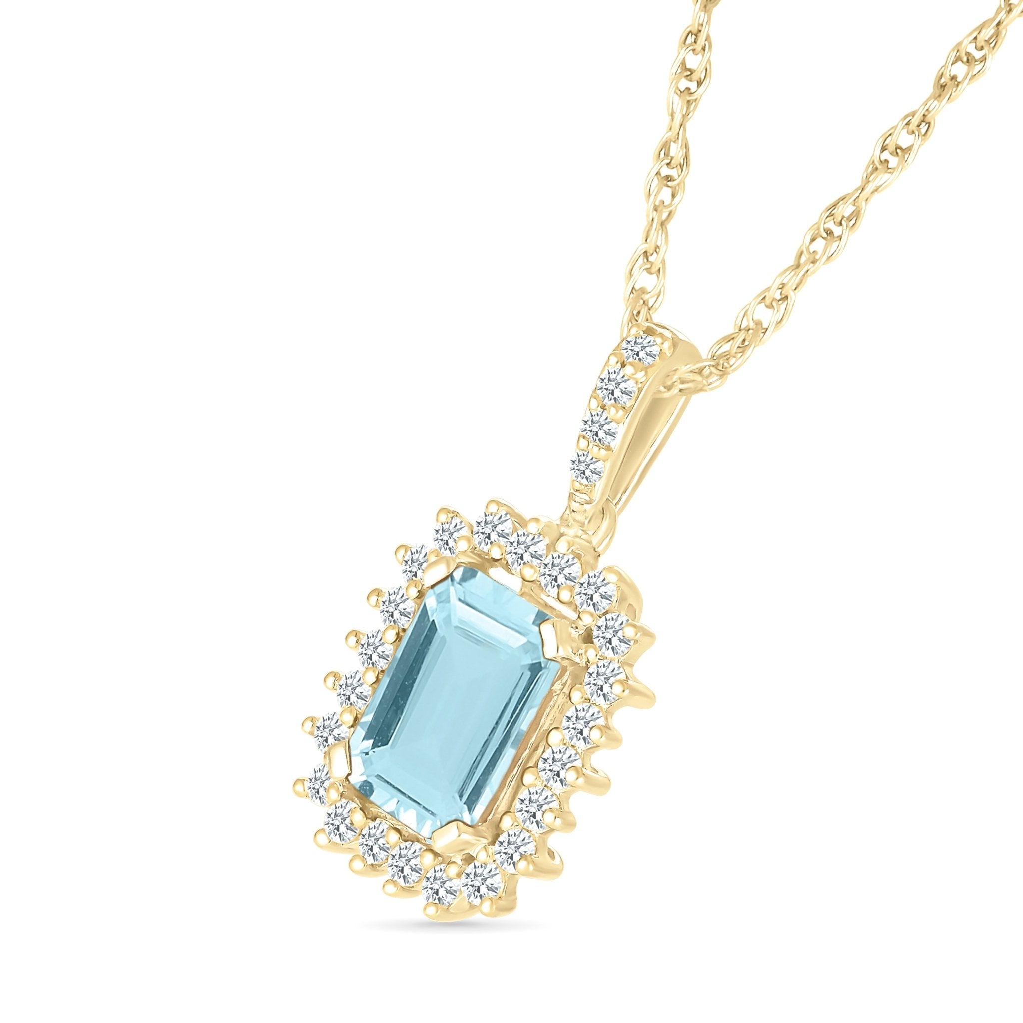 10k Yellow Gold Aquamarine Pendant with White Sapphire Halo - Elegant Birthstone Jewelry for Women, Perfect Gift for Anniversary, Birthday & Mother's Day