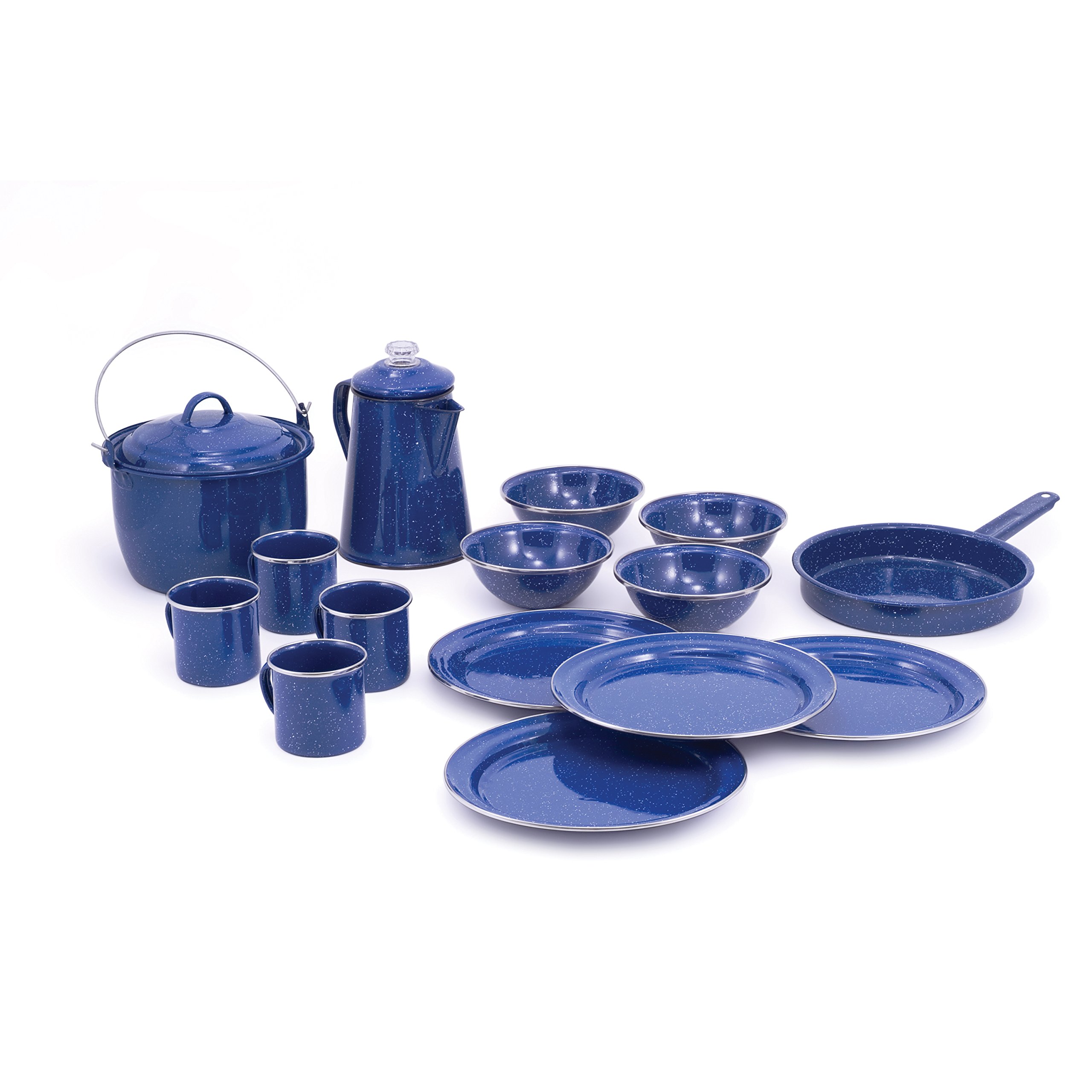 GSI Outdoors Camp Dinnerware Set - 4-Person Camping Cookware Kit with Enamel Percolator, Fry Pan, Kettle, Bowls, Plates & Coffee Mugs | Perfect for Outdoor Cooking, Camping Trips & Picnics
