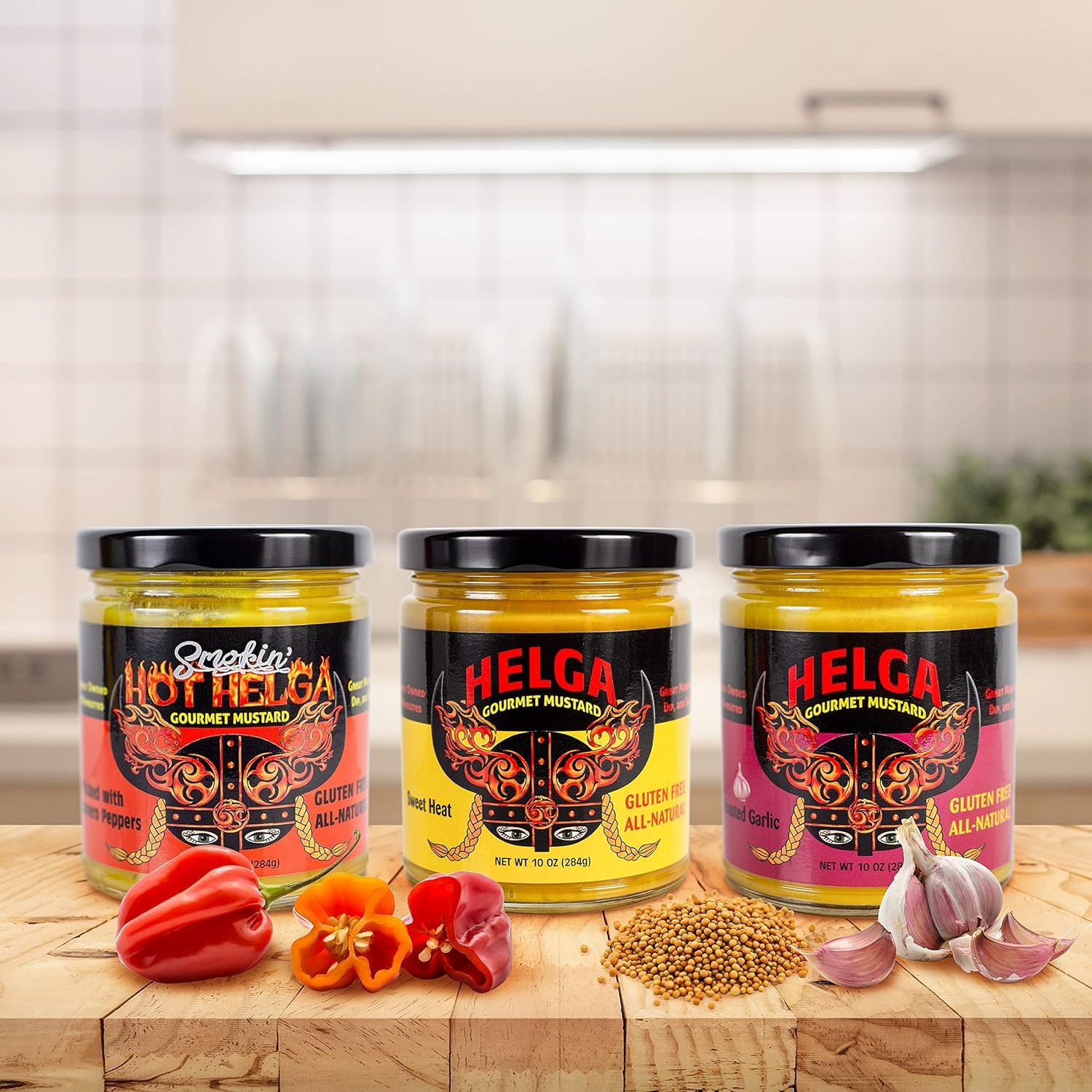 Helga Gourmet Mustard 10oz Glass Jar - Gluten Free, All Natural Sweet Heat Mustard - Perfect for Sandwiches, Burgers & BBQ Recipes
