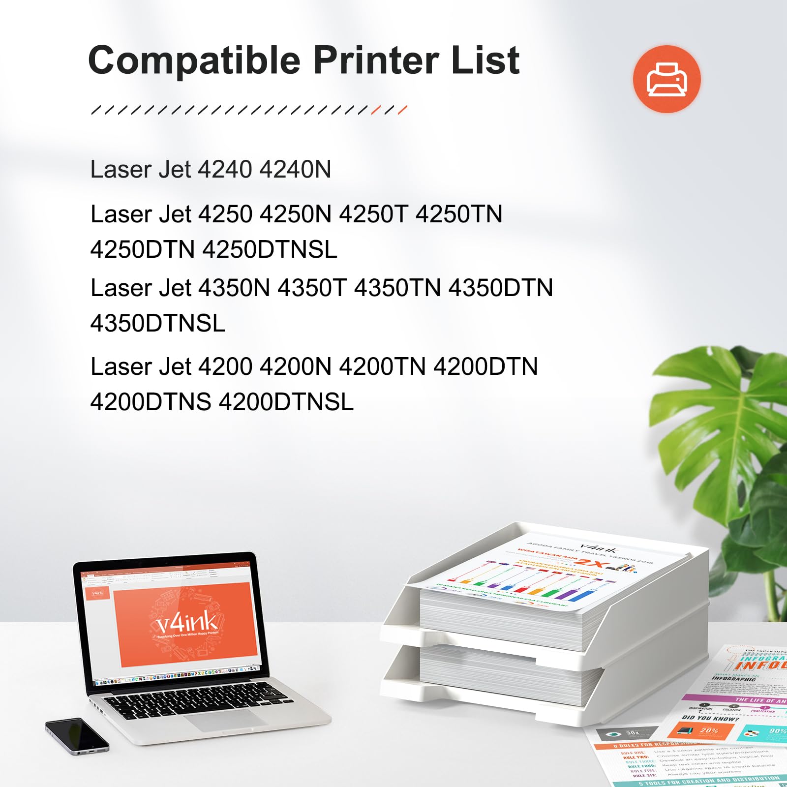 V4ink Compatible Toner Cartridge Replacement for HP 42A Q5942A & 38A Q1338A (1-Pack, Black) - Works with HP LaserJet 4200 4240 4250 4350 Series Printers - High-Quality Printing for Office Documents & Business Reports