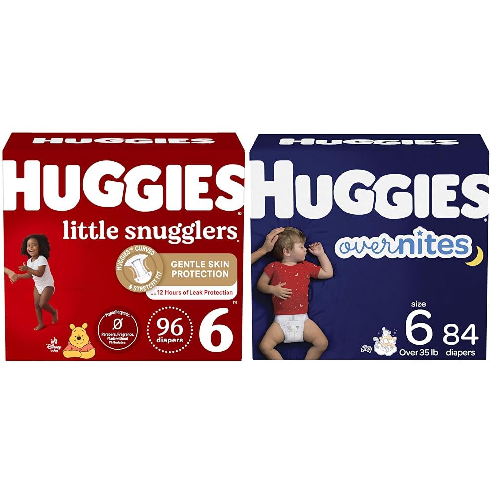 Huggies Little Snugglers Size 6 Disposable Baby Diapers, 96 Count + Overnites Nighttime Diapers, 84 Count - One Month Supply for Newborns & Toddlers - Soft, Leakproof Protection for Day & Night Use