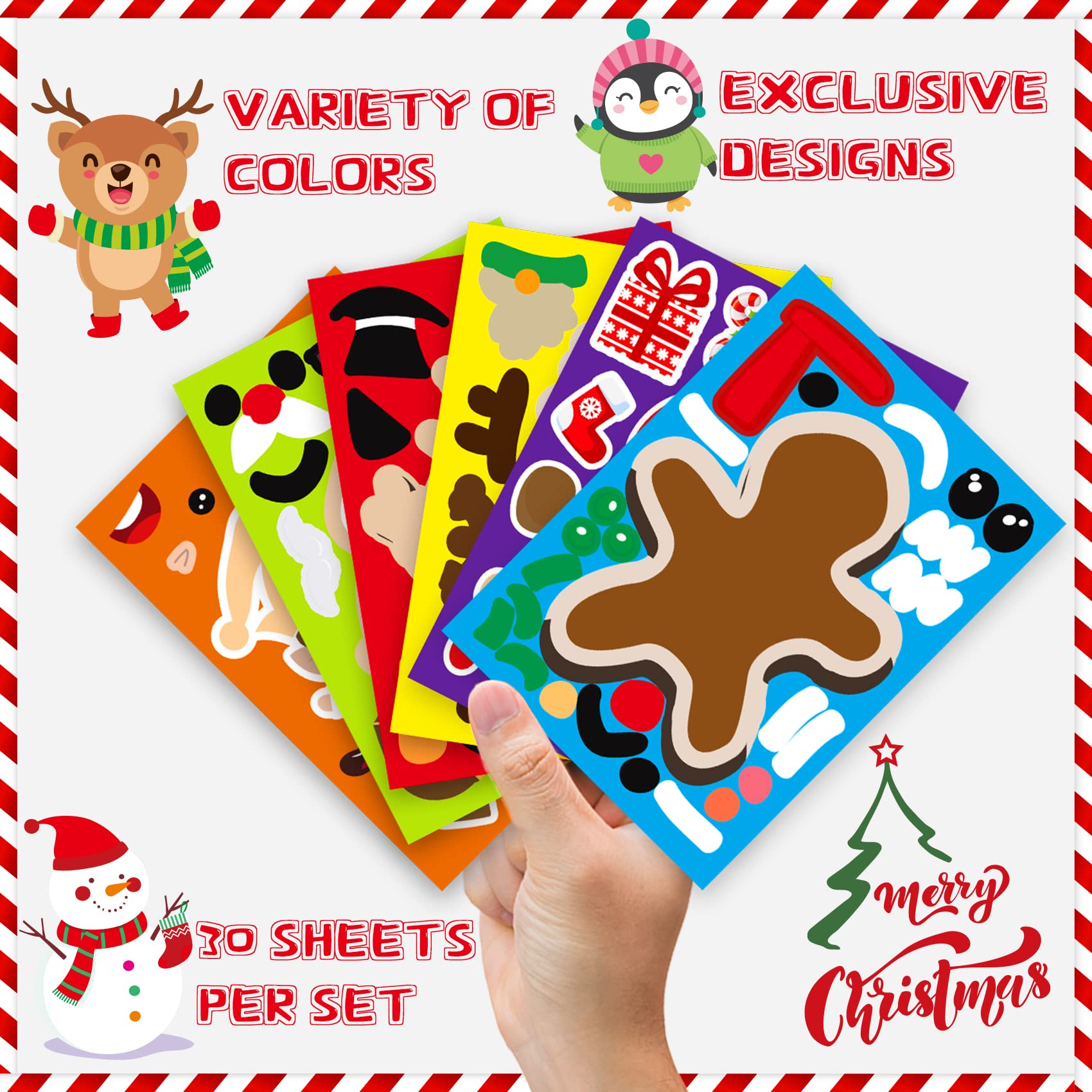 Funnlot 30 PCS Christmas Stickers for Kids - Snowman, Santa, Gingerbread & Reindeer Face Stickers - DIY Xmas Crafts & Holiday Party Games - Perfect for Classroom Activities & Family Christmas Decorations