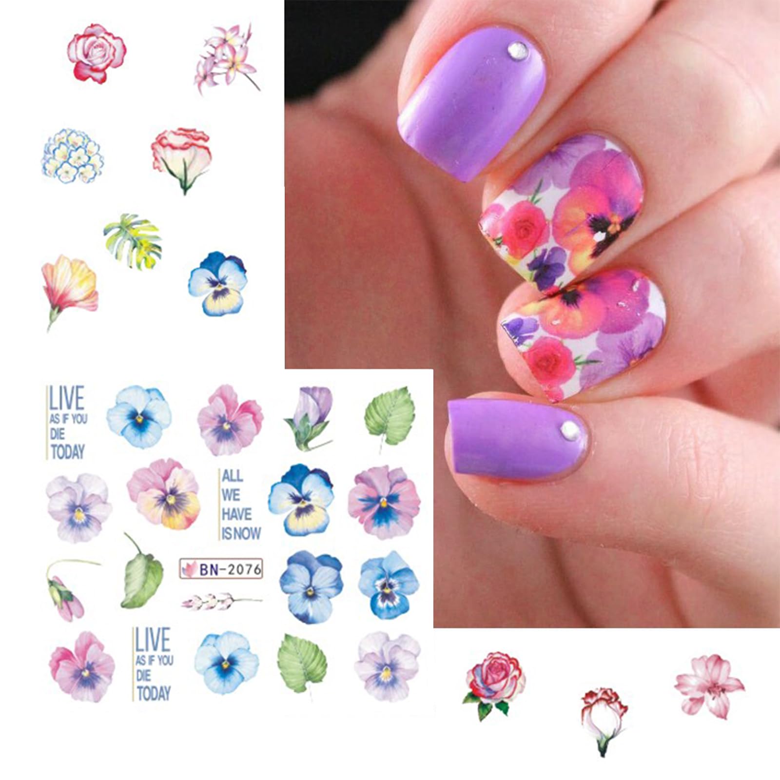 12 Sheets Holographic Flower Water Transfer Nail Decals - DIY Nail Art Stickers with Blooming Flowers & Colorful Leaves - Pink Floral Manicure Designs for Women & Girls - Perfect for Parties, Weddings, and Special Occasions