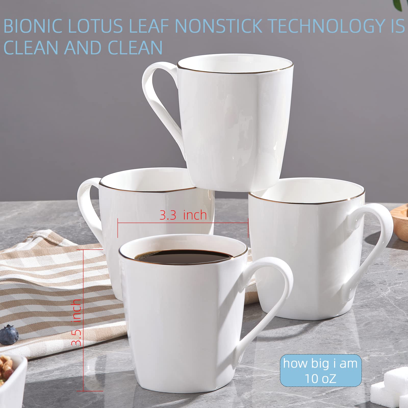 Premium 10oz Fine Bone China Coffee Mugs Set of 2 - 45% Bone Content Porcelain Cups with Handle for Coffee, Tea, Latte & Cappuccino - Microwave & Dishwasher Safe - Elegant White Lightweight Tea Cups for Home, Office & Restaurant Use