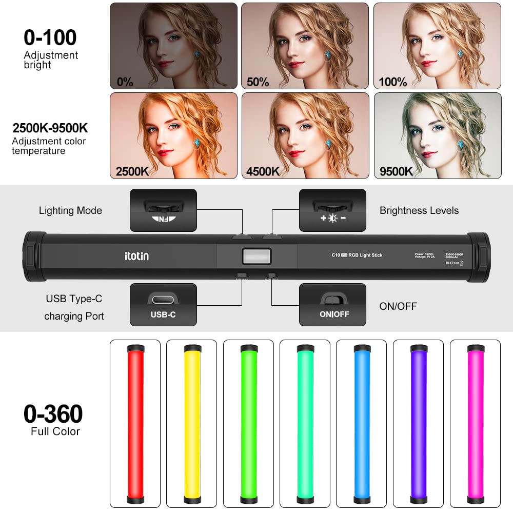 RGB LED Video Light Wand Stick - 360° Full Color Adjustable Portable Studio Lighting for Photography & Videography - 5000mAh Rechargeable Battery with Magnetic Base - Includes 27