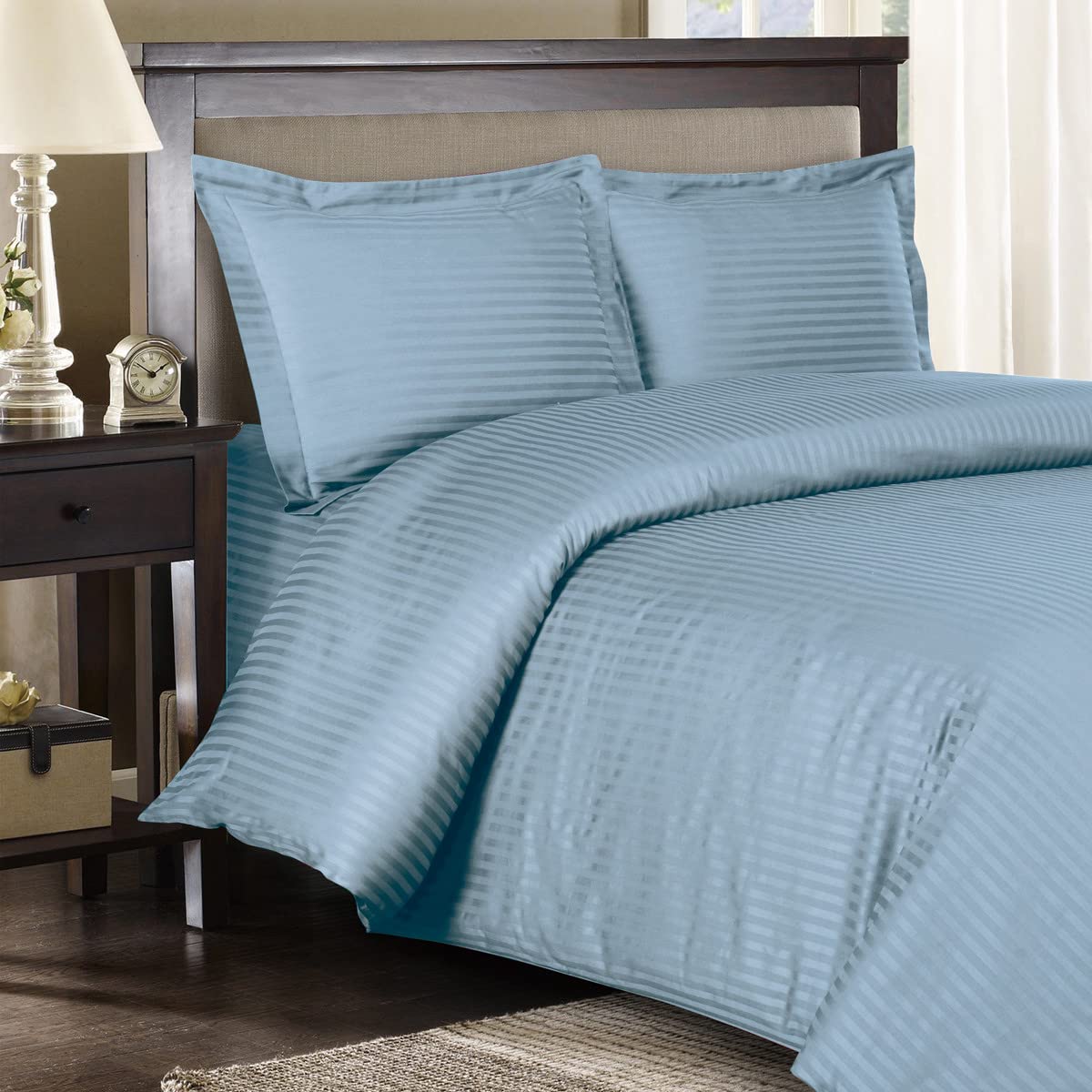 Royal Hotel Bedding Full Size Striped Blue 300-Thread-Count 3-Piece Duvet Cover Set with 1 Siberian Goose Down Alternative Comforter | 100% Cotton Luxury Bedding | Perfect for Guest Rooms, Vacation Homes & Cozy Bedroom Retreats