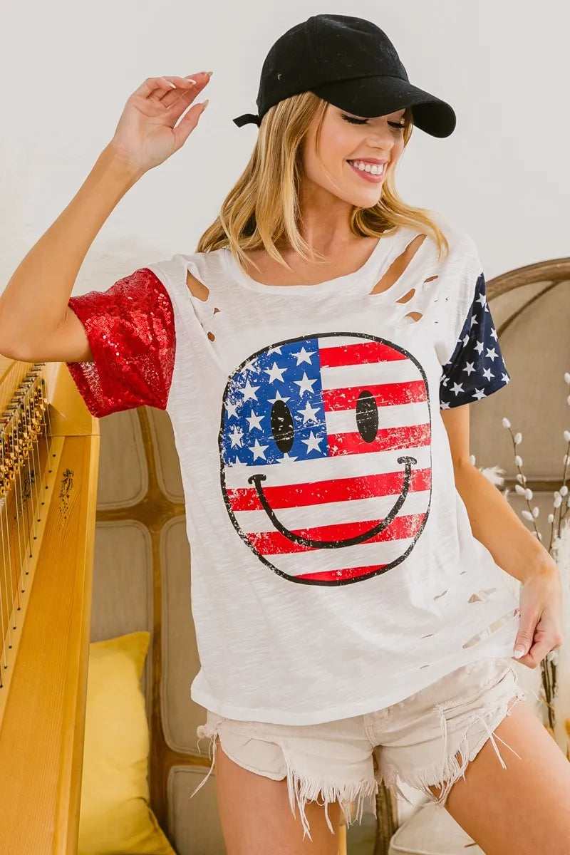 BiBi Patriotic 4th of July Women's T-Shirt - Laser Cut Star & Smile Face Design - Perfect for Independence Day Parties & Summer Festivals