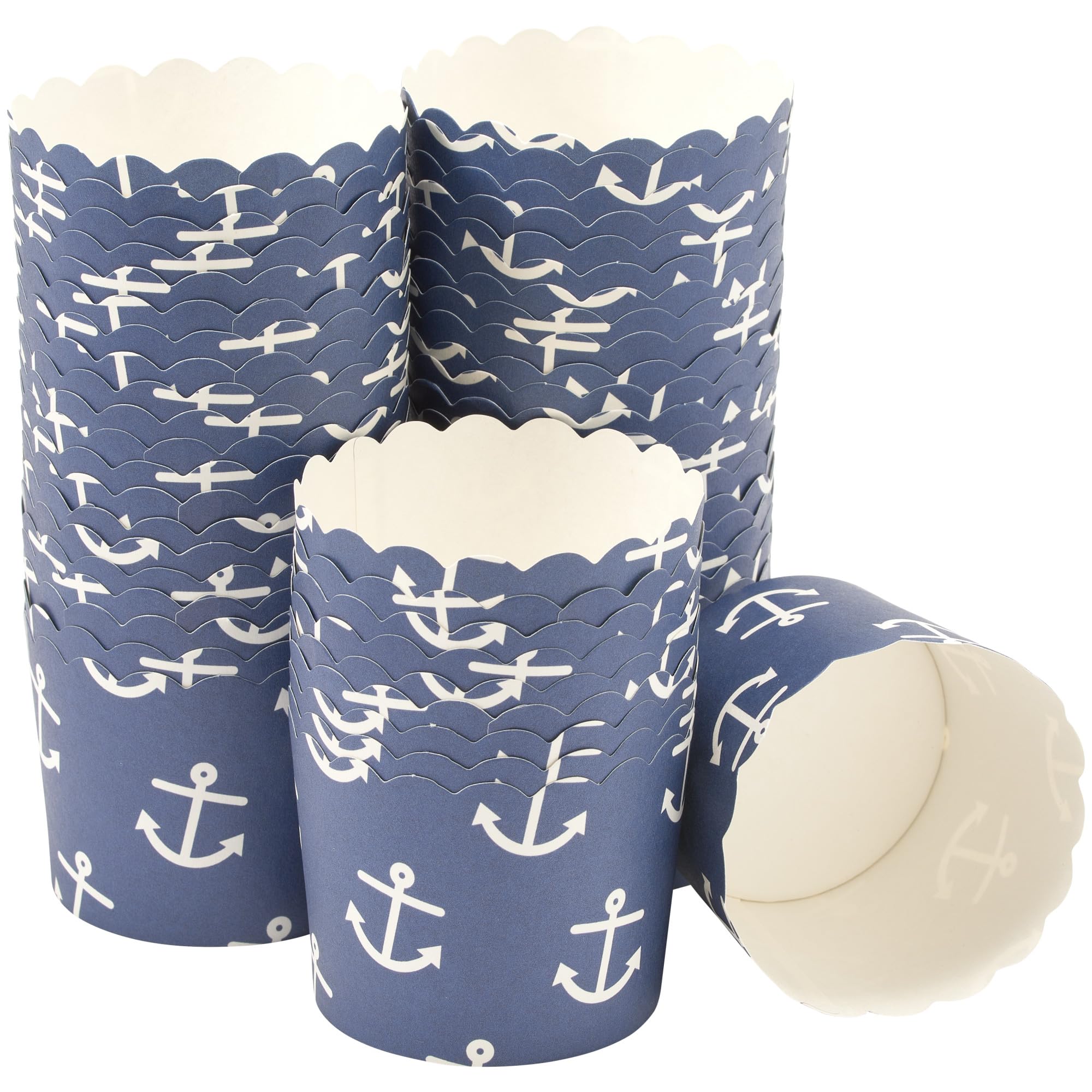 DecoPac Nautical Print Scalloped Baking Cups - 50 Oven Safe Cupcake Liners with Delicate Scalloped Edge for Cupcakes, Muffins & Desserts | Sailing Themed Party Supplies for Birthday, Baby Shower & Wedding Decorations