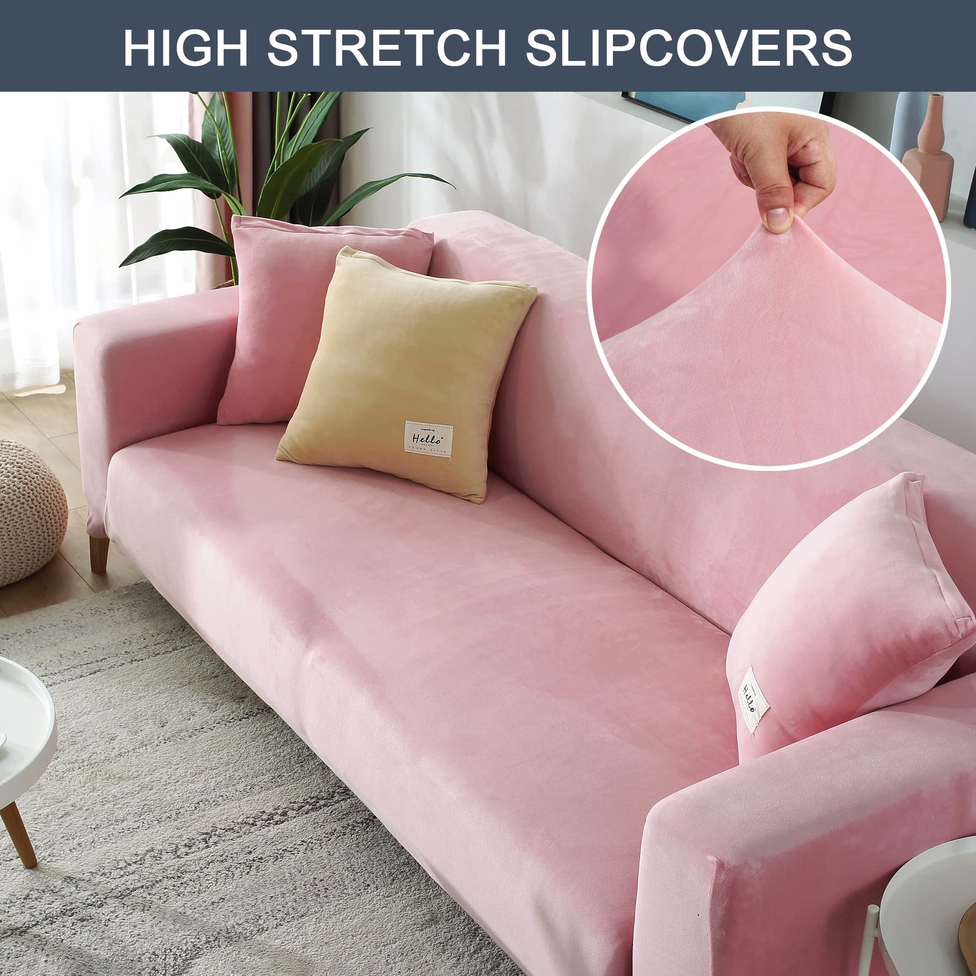 CONRUSER Stretch Sofa Slipcover - Soft Velvet Couch Cover with Elastic Bottom, Furniture Protector for Pets & Kids (Pink, X-Large) - Perfect for Living Room, Family Room & Pet-Friendly Homes