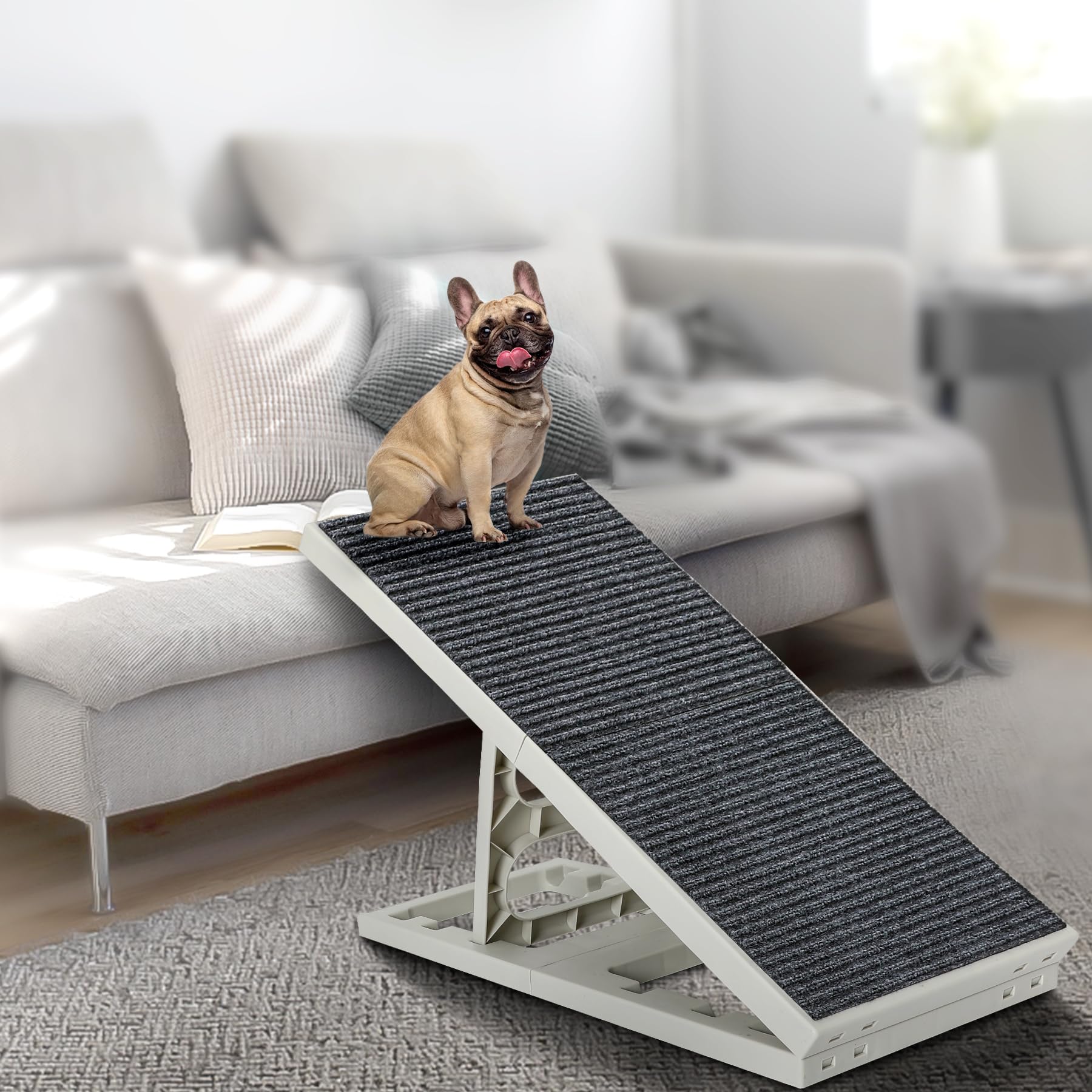 Foldable Indoor Dog & Cat Ramp for Small/Medium Pets - Adjustable Height Pet Stairs with Non-Slip Carpet - Perfect for Couches, Sofas, Beds & Chairs (Grey) - Ideal for Elderly Pets & Post-Surgery Recovery