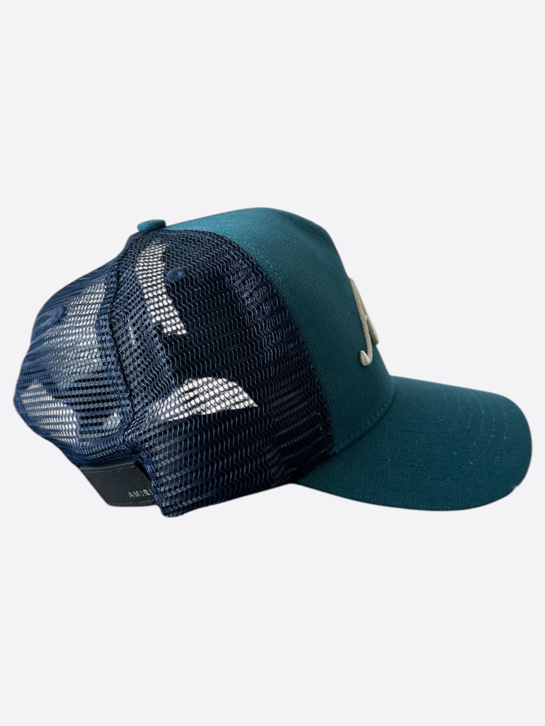 Amiri Blue & White Script Logo Trucker Hat - Stylish Baseball Cap for Men & Women - Perfect for Streetwear, Casual Outfits & Outdoor Activities