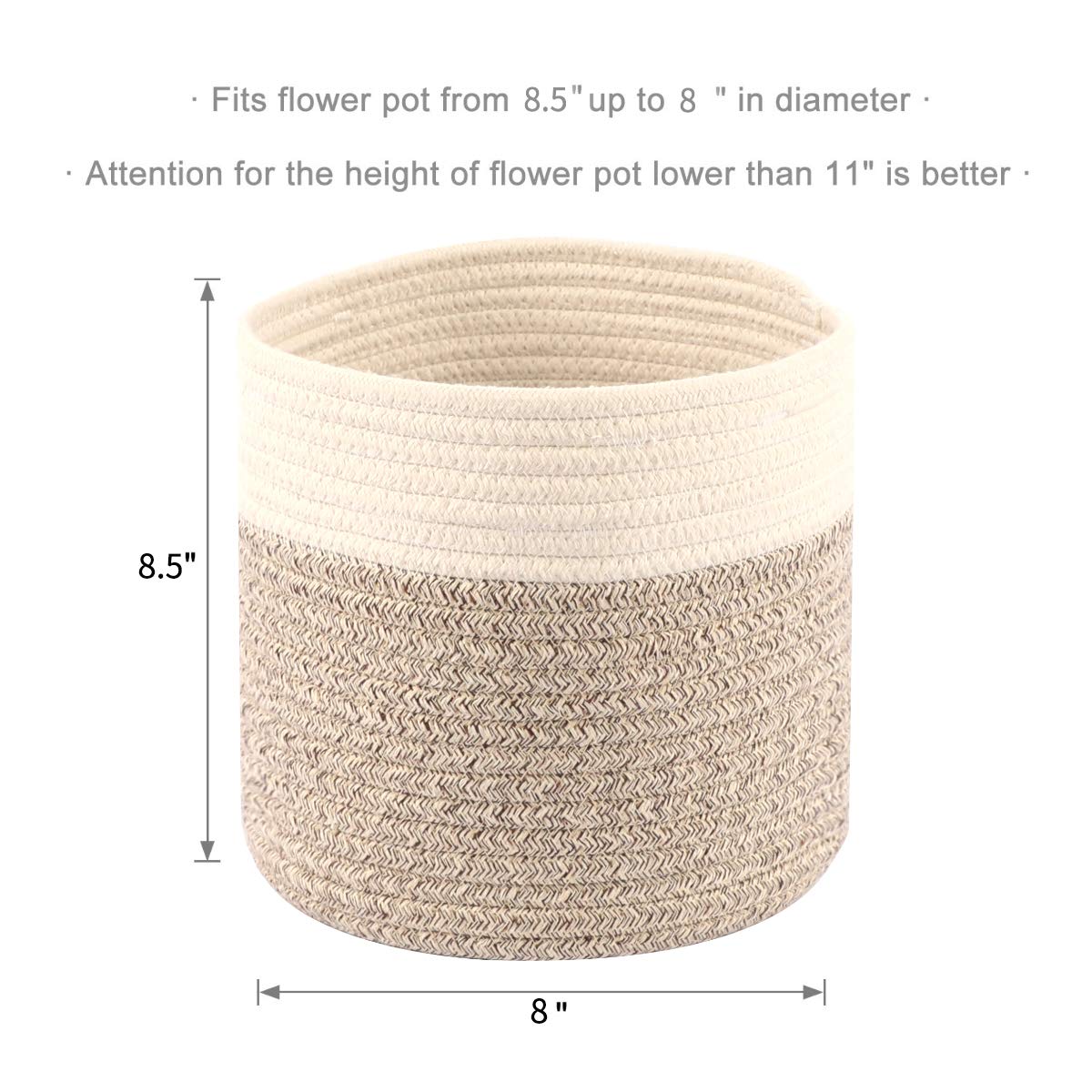 Modern Cotton Rope Plant Basket - 8.5 Inch Woven Indoor Planter Pot with Rustic Home Décor for Plants, Storage & Organization (Grey & White) - Perfect for Living Room, Bedroom, Balcony & Office Decor