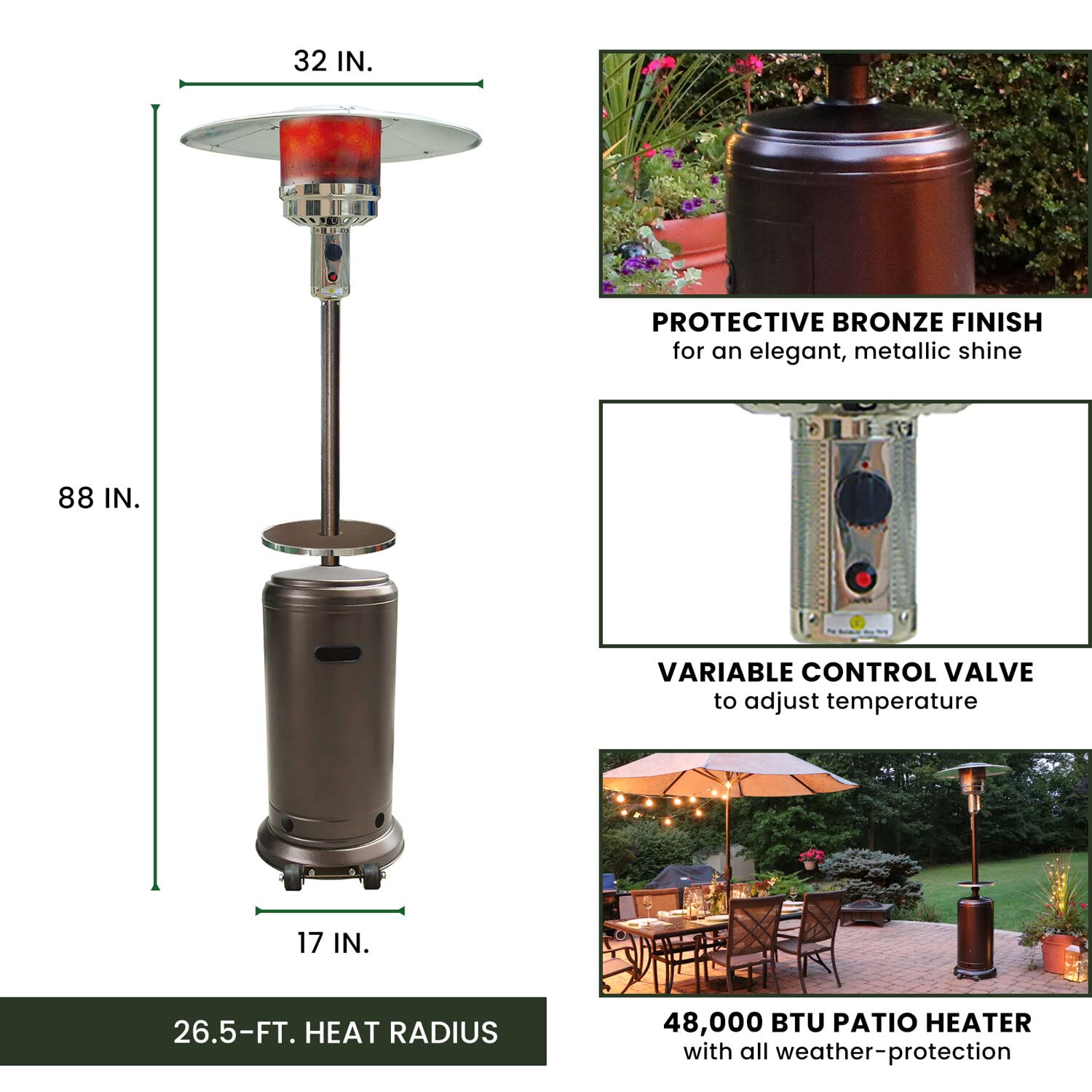 48,000 BTU Hanover Outdoor Propane Patio Heater - 7ft Tall with Wheels, Push Button Ignition & Adjustable Temperature for Backyard, Deck, Restaurant & Outdoor Events (Hammered Bronze Finish) - Perfect for Winter Gatherings, Alfresco Dining & Commercial Use