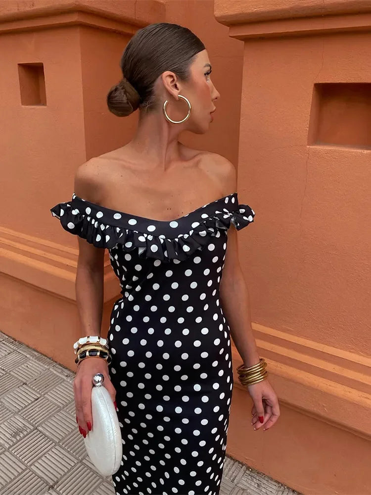 Elegant Polka Dot Print Ruffles Maxi Dress for Women - Strapless Slash Neck Backless Party Dress | Sexy Clubwear & Evening Gown for Night Out, Date Night, Cocktail Party