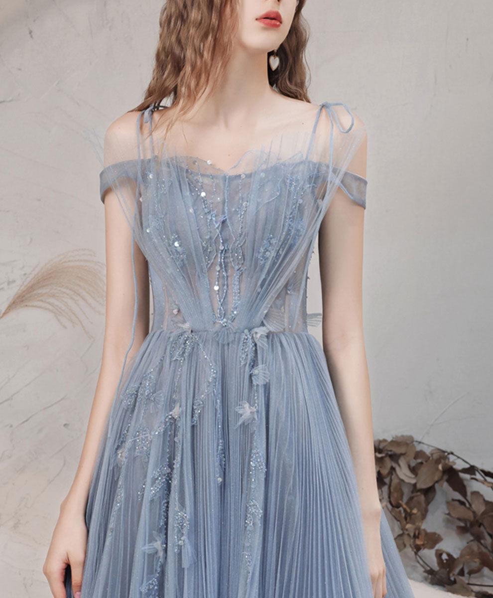 Elegant Blue A-Line Off Shoulder Long Prom Dress with Beading - Formal Graduation Gown for Women - Perfect for Prom Night, Homecoming & Special Occasions