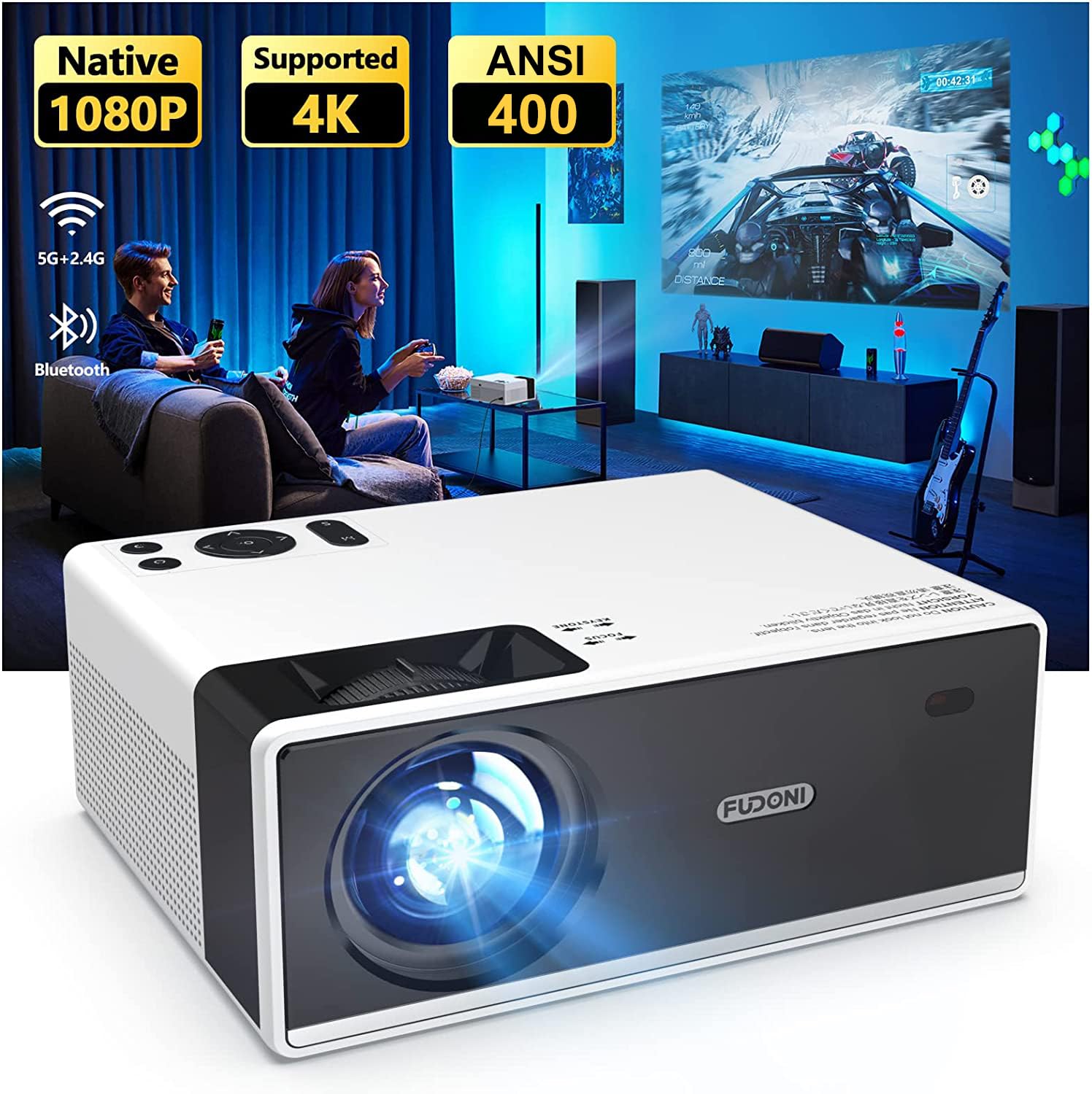 FUDONI WiFi Bluetooth Projector, 4K Supported 18000L HD 1080P Portable Outdoor Movie Projector, 300