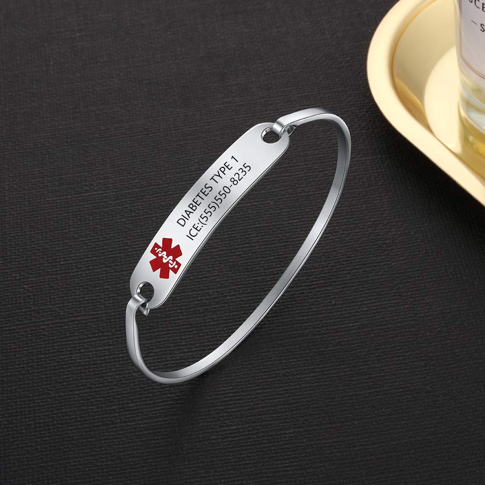 Personalized Medical Alert Bracelet for Women - Custom Engraved Emergency ID Bangle with Stainless Steel Chain - Perfect for Diabetes, Allergies & Heart Conditions (Ideal for Daily Wear & Outdoor Activities)
