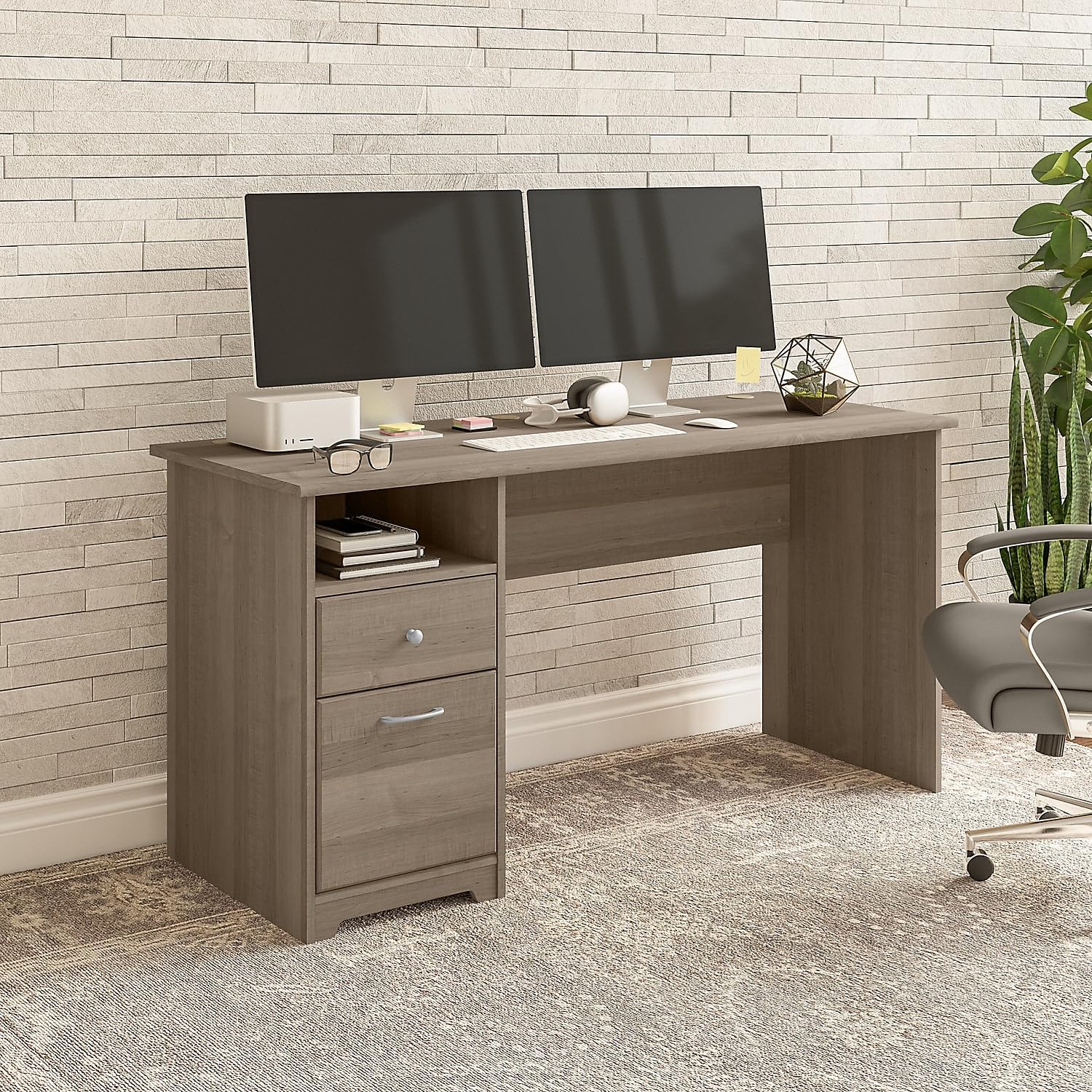 Bush Furniture Cabot 60W Home Office Desk with Storage Drawers & Chrome Hardware - Elegant Computer Workstation for Small Spaces, Remote Work & Study - Ash Gray Finish