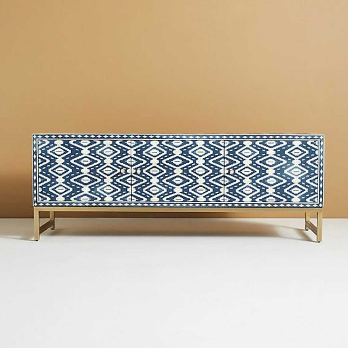 Handmade Bone Inlay Media Console TV Stand - Indigo Blue Wooden Entertainment Center with 3 Drawers for Living Room, Bedroom & Home Theater Setup