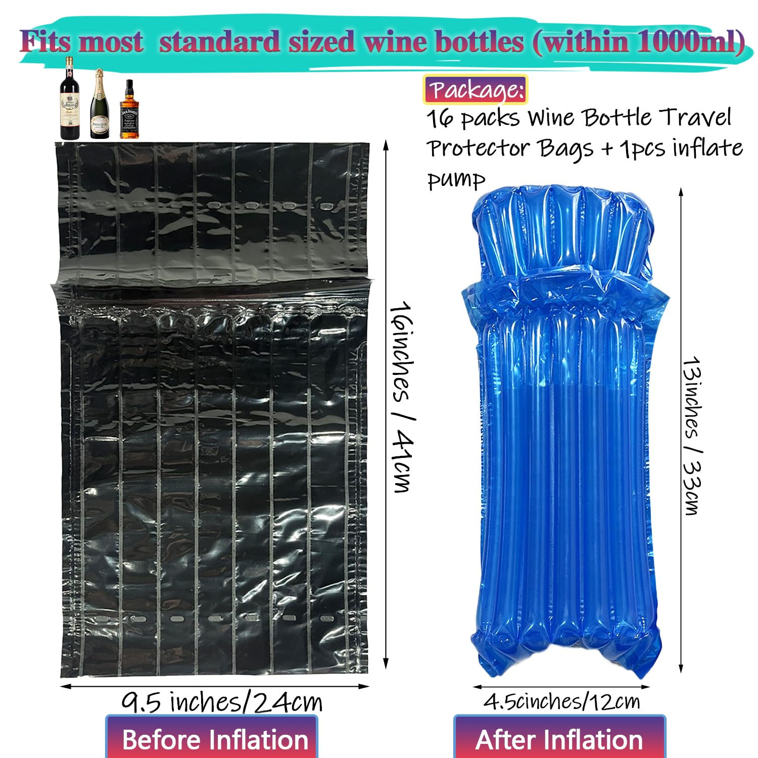 16 Pack Inflatable Wine Travel Bags - Reusable Bottle Protectors for Wine Bottles | Perfect for Air Travel, Camping & Gift Shipping | Leak-Proof Wine Shipping Solution