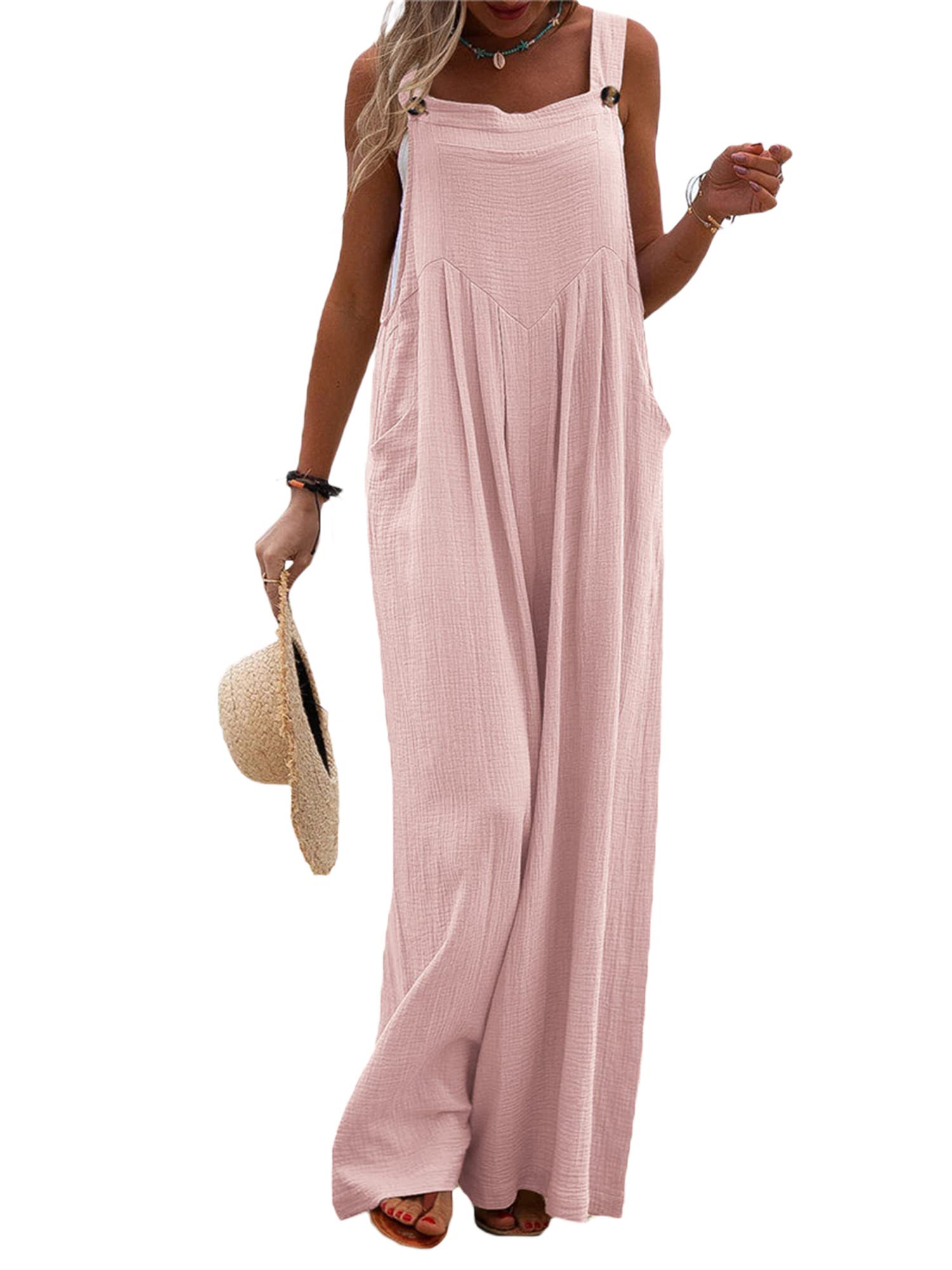 Kaipiclos Women's Baggy Overalls - Plus Size Wide Leg Jumpsuit, Solid Color Loose Linen Suspender Overalls with Pockets | Casual Summer Outfit for Streetwear, Travel & Boho Fashion