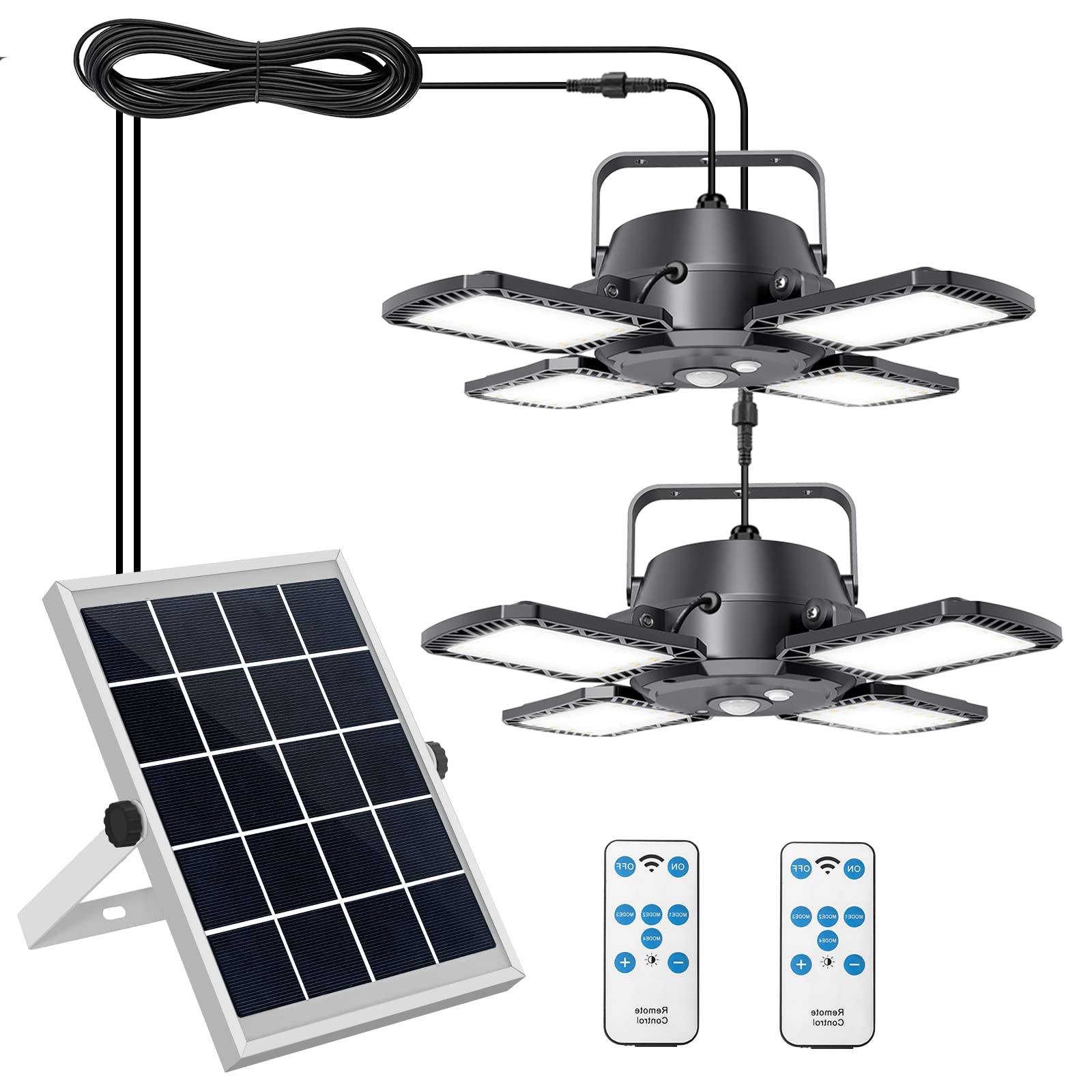 Aqonsie 1000LM Dual Head Solar Shed Light - 120° Adjustable Solar Motion Sensor Outdoor/Indoor Pendant Lights with Remote & 4 Lighting Modes | Perfect for Shed, Gazebo, Home, Barn, Chicken Coop, Patio, Garden, Pathway & Security Lighting