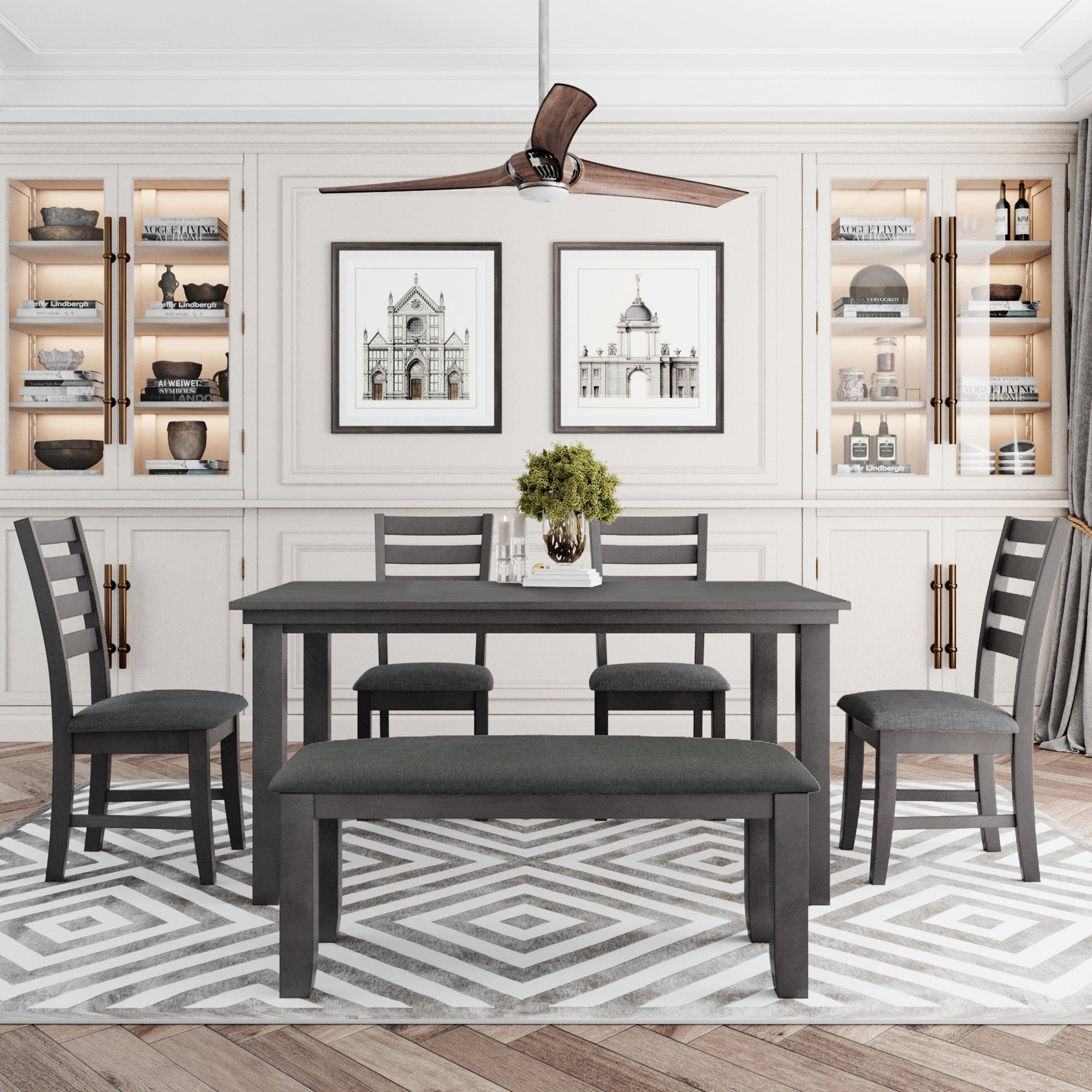Rustic Wood Dining Room Table and Chairs Set with Bench - 6 Piece Gray Farmhouse Kitchen Furniture for Family Gatherings & Dinner Parties