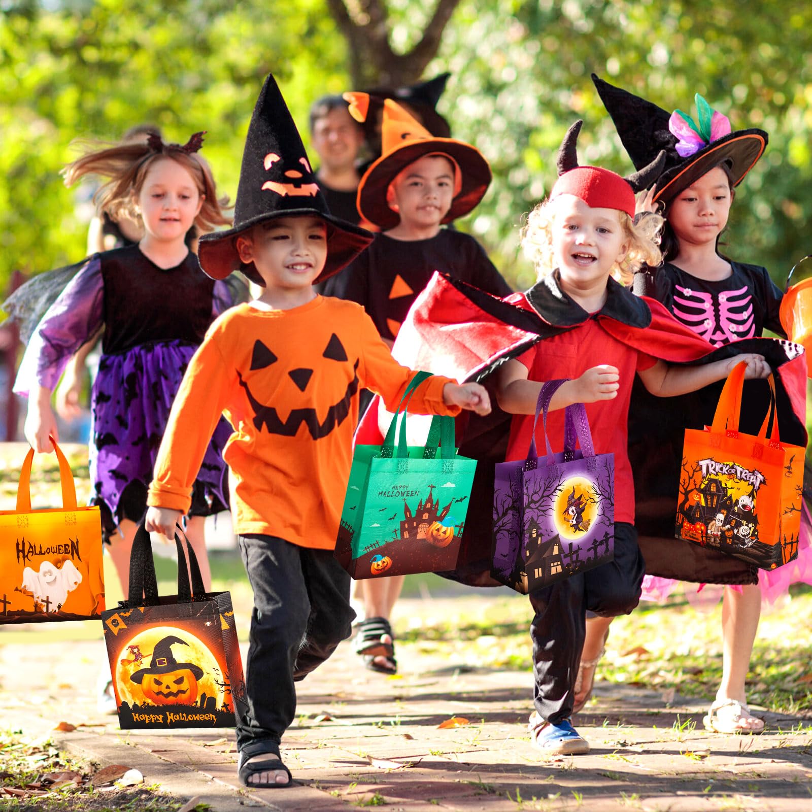 9-Piece Halloween Grab Bags with Handles - Reusable Trick or Treat Bags, Halloween Tote Bags for Kids & Adults, Durable Non-Woven Goodie Bags for Candy, Gifts & Party Favors (7.9