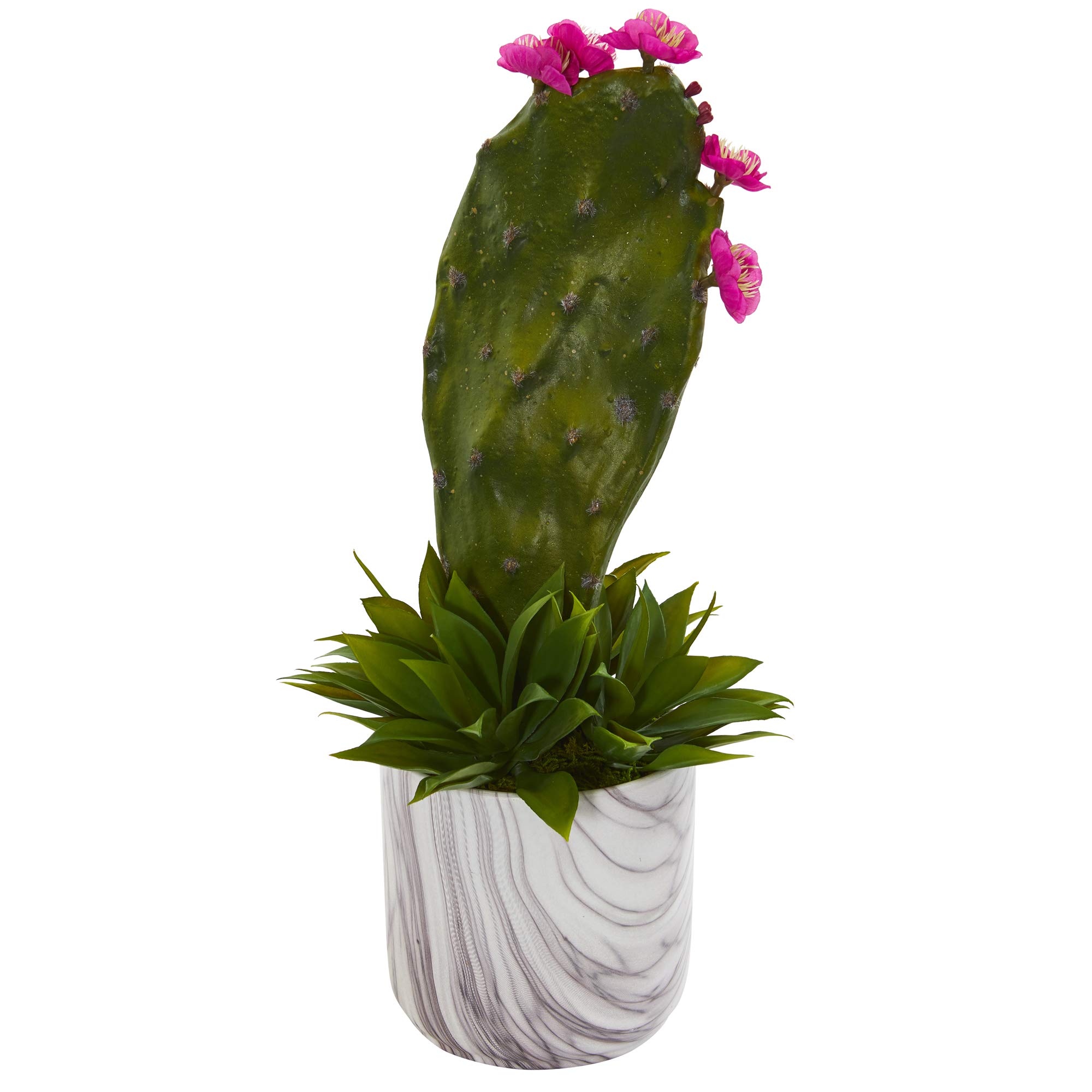 Nearly Natural 17 Inch Artificial Cactus and Agave Succulent Silk Plant in Marble Planter - Green - Perfect for Home, Office, and Indoor Decor