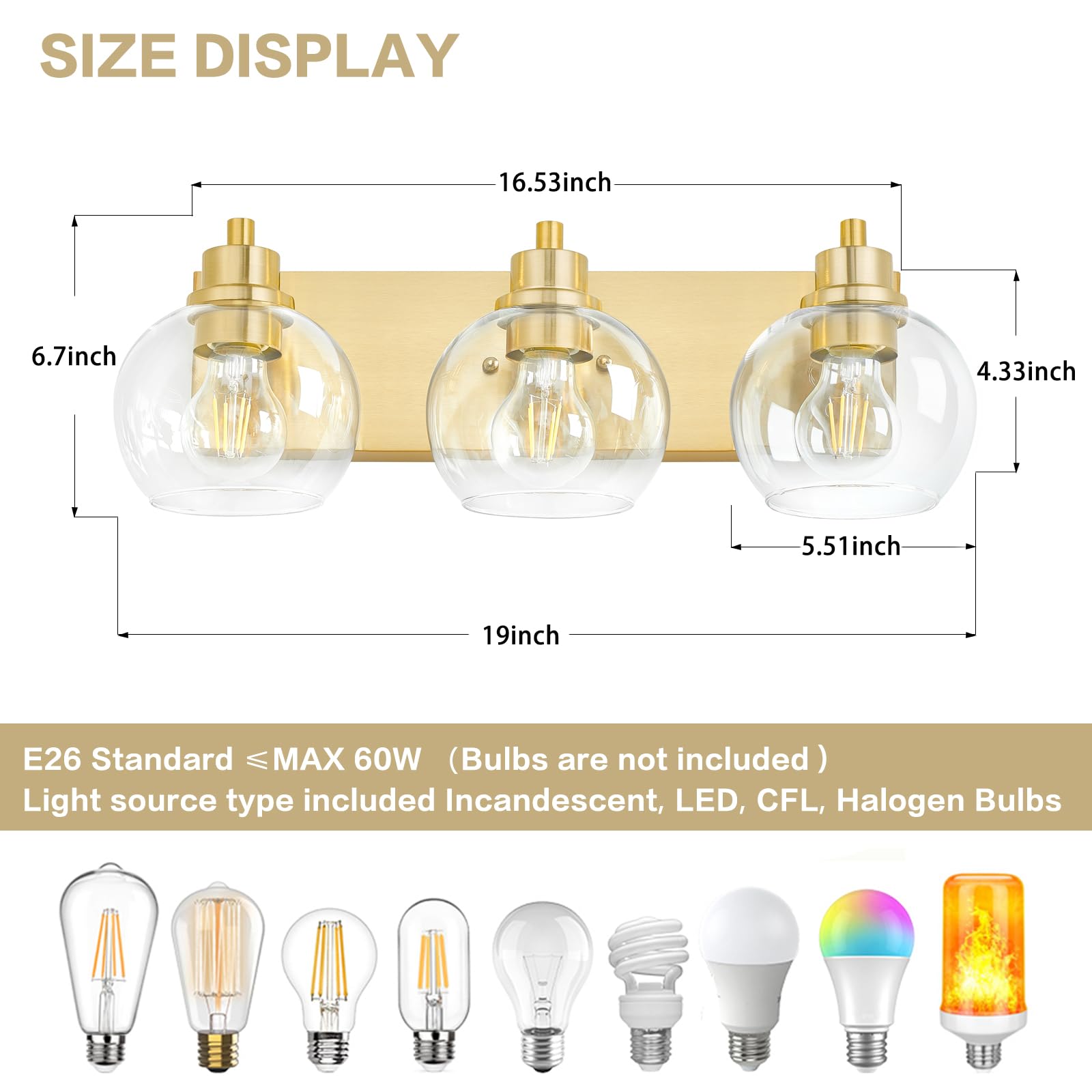 Tuscarora Gold Bathroom Vanity Light - 3-Light Brushed Gold Fixture with Clear Glass Shade for Mirror Lighting | Elegant Bathroom Lighting for Vanity, Dressing Room & Powder Room