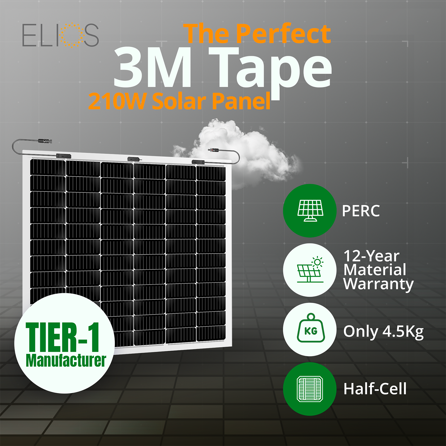 Elios Voltaic 210F T | 210W Semi-Flexible Solar Panel with 3M Adhesive Tape - Perfect for RV, Boat, Camping & Off-Grid Power Solutions