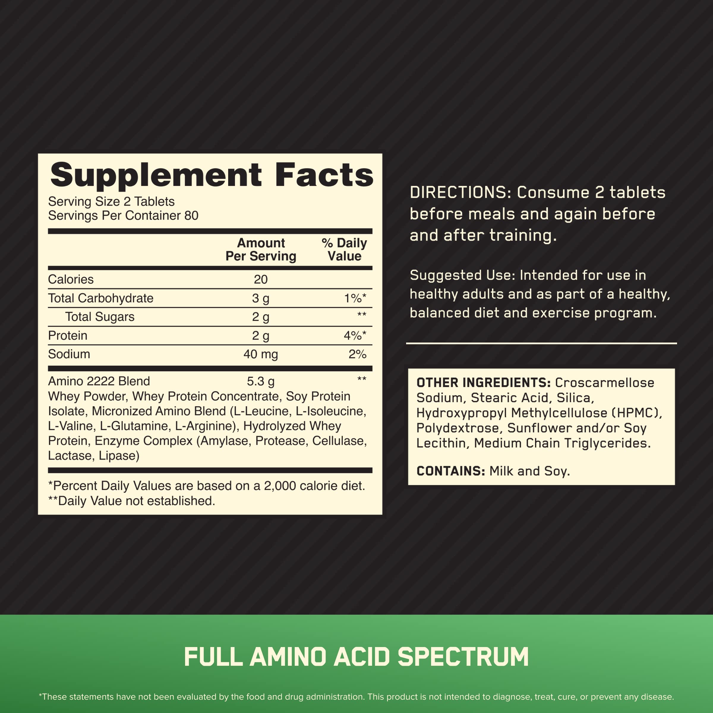 Optimum Nutrition Superior Amino 2222 Tablets - Complete Essential Amino Acids (EAAs) Supplement - 160 Count - Supports Muscle Recovery & Workout Performance