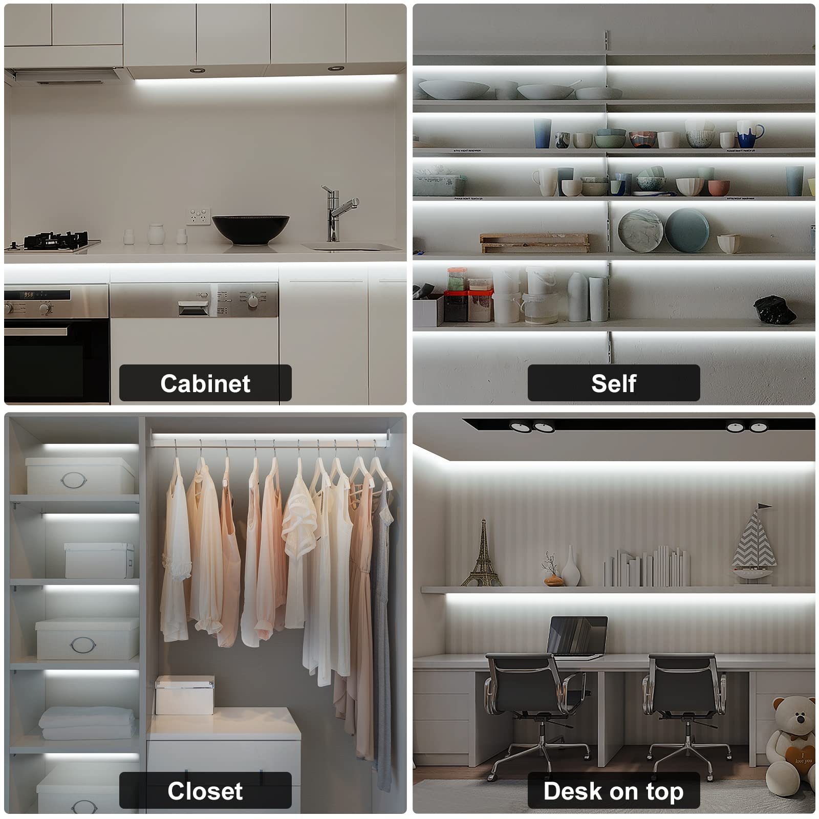 10pcs COB Under Cabinet Lighting with RF Remote - 16.4ft 6500K Bright Dimmable LED Strip Lights for Kitchen, Shelf, Counter & Cupboard - Flexible Indoor Lighting Solution for Home & Office