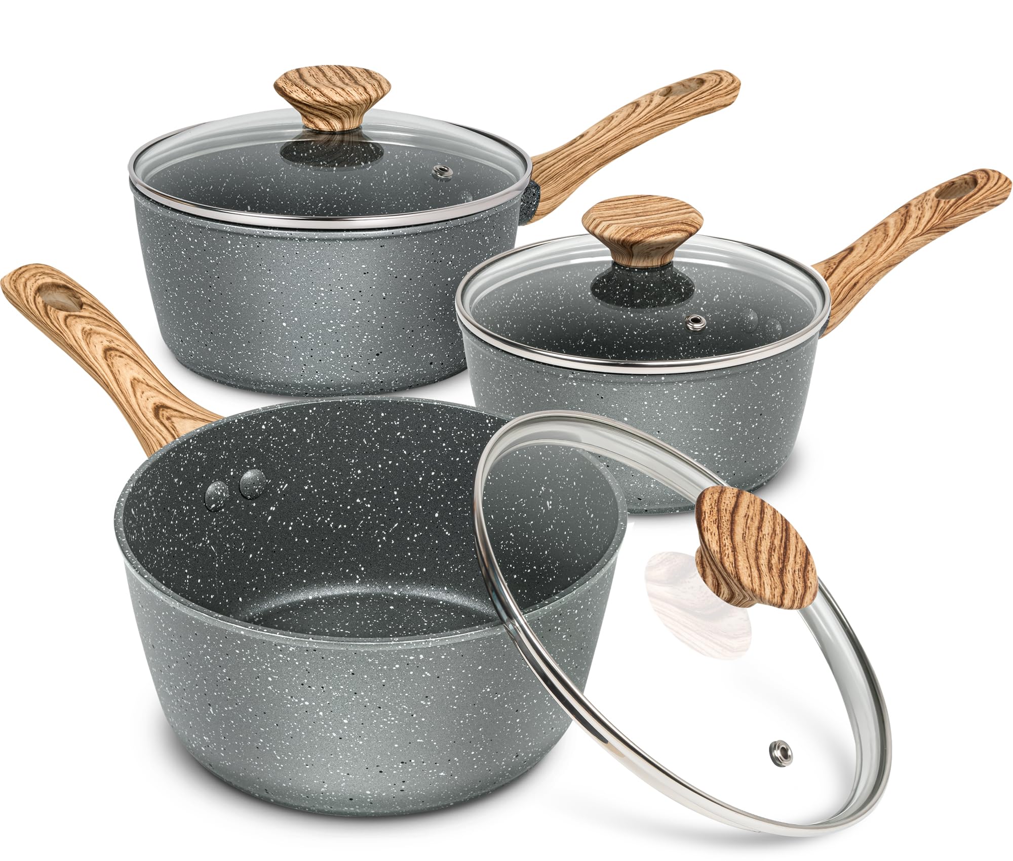 MICHELANGELO Nonstick Sauce Pan Set with Lid - 1.5QT, 2QT & 3QT Granite Coated Cookware (3-Piece, Gray) - Perfect for Cooking Sauces, Soups, Stews & Pasta | Stovetop & Oven Safe