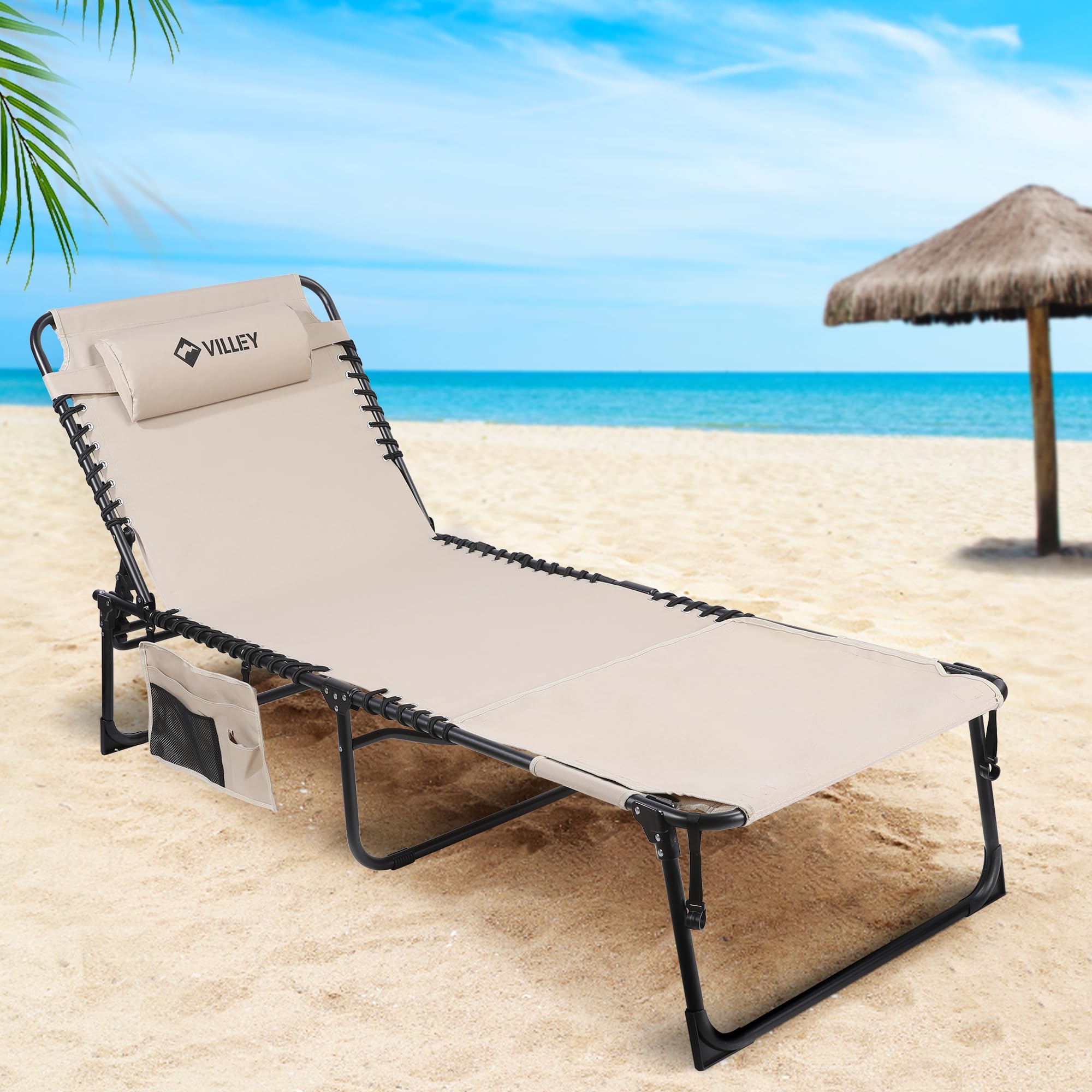 VILLEY Oversized Chaise Lounge Chair with Face Hole - Portable Adjustable Reclining Tanning Chair for Beach, Pool, Patio & Lawn | Heavy-Duty Folding Sunbathing Chair for Outdoor Relaxation & Sun Tanning
